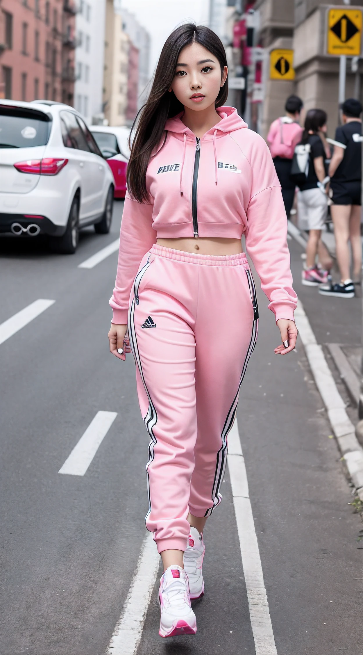 Beautiful asian woman wearing pink tracksuit/Hooded tracksuit,Slim pants,Cultivation,Perfect leg curve,Perfect waist curve,perfect bodies,Korean young woman,(Delicate face,Facial features),Mannequin,standing on a city street, Portrait of Lin Yuna in Girls' Generation, Tumblr, lyco art, Pink clothes, wearing a light - pink suit, ((Pink)), wearing track and field suit, Light pink, street fashion outfit, She is seen wearing streetwear pieces, Woman in streetwear,Tall lady,cute women