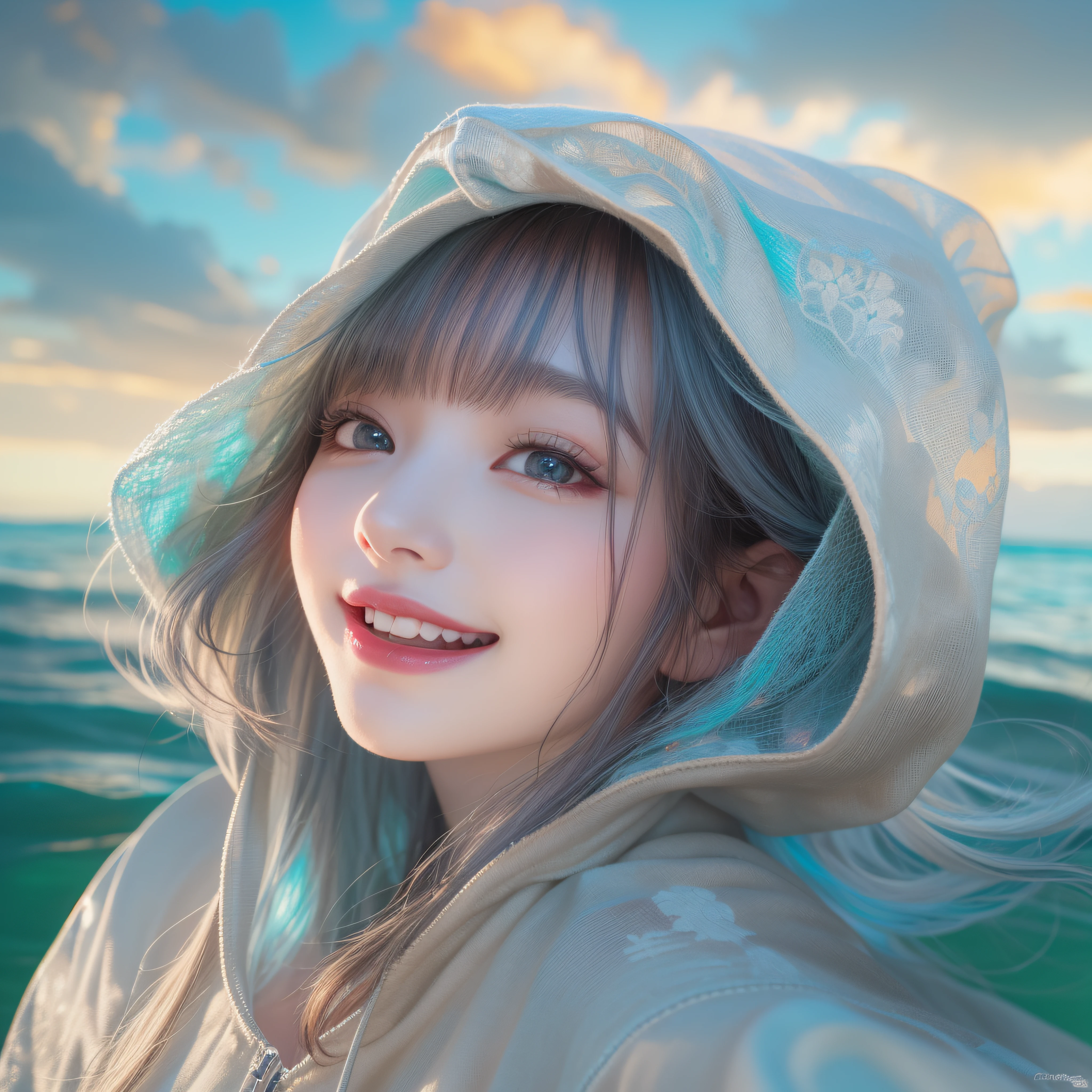 Wearing a hoodie on the head、Wearing a hoodie on the head、Wearing a hoodie on the head、Close up of smiling face with open mouth、(realisitic、hight resolution)、(1 girl in)、Do-Up Eye、Korean Girl、(Best Quality), (masutepiece), (1girl in), Solo, a beauty girl, Perfect face, Big Breast,dreamlikeart、Highly detailed airbrush art((Surreal))、Volumetric lighting、(top-quality)、The ultra-detailliert、Highly detailed colorful details、(Bright lighting)、dynamic compositions、Ray traching、The mirror reflects light、Shallow depth of field、ultra-detailliert、mixing exposure、nffsw、Her eyes shine iridescent、Staring at the iridescent sea。Her iridescent face is、Full of adventure anticipation and courage.、A smile appears on her iridescent lips。 At the rear、The sun is slowly tilting to the west。Its light brings iridescent light to the surface of the sea、The swaying waves create a beautiful scene。Her eyes shine clearly iridescent。Lots of iridescent colors、