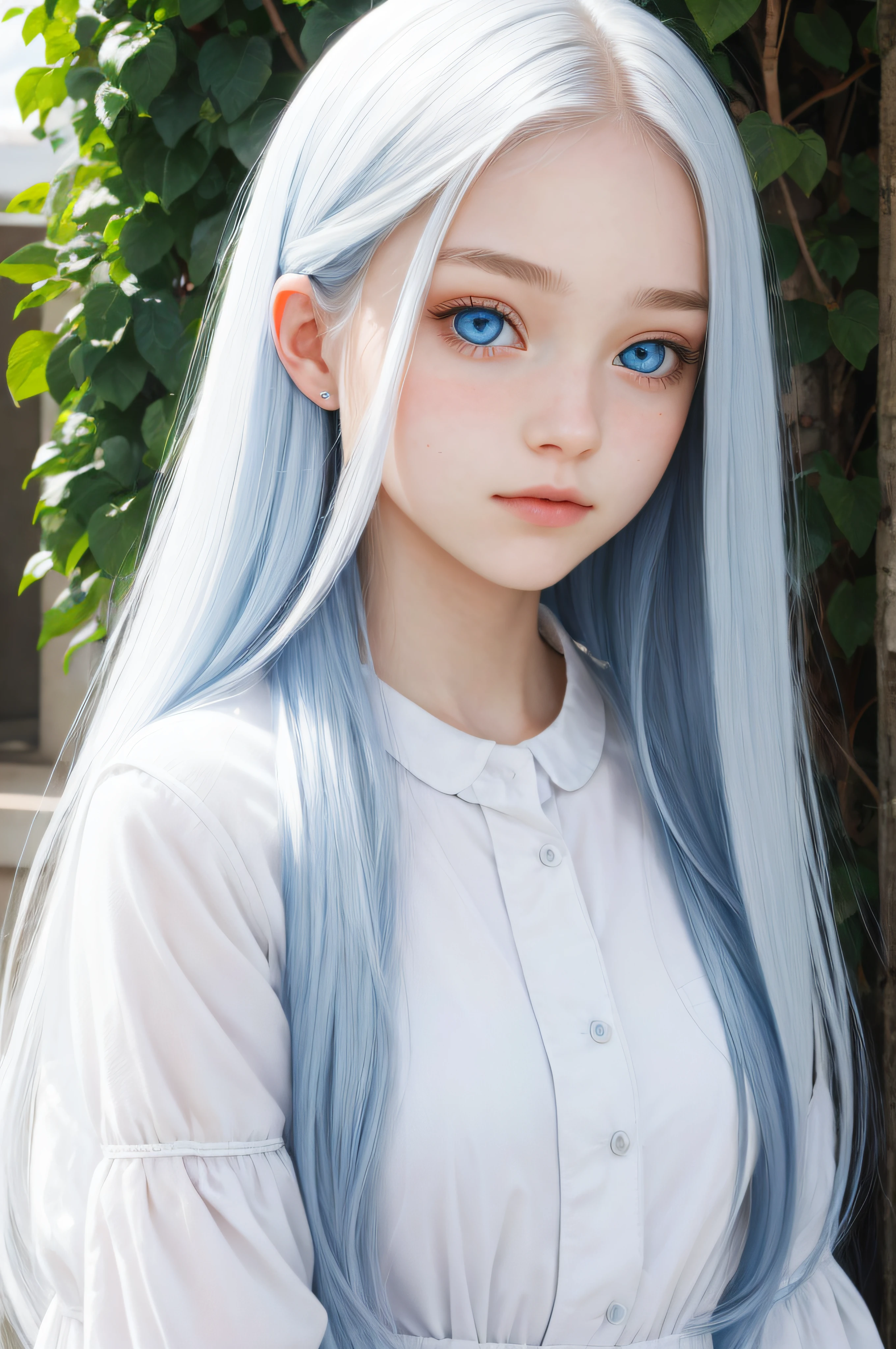 ultra detailed portrait, teen girl, looks at the camera, blue eyes, white long hair, delicate facial features