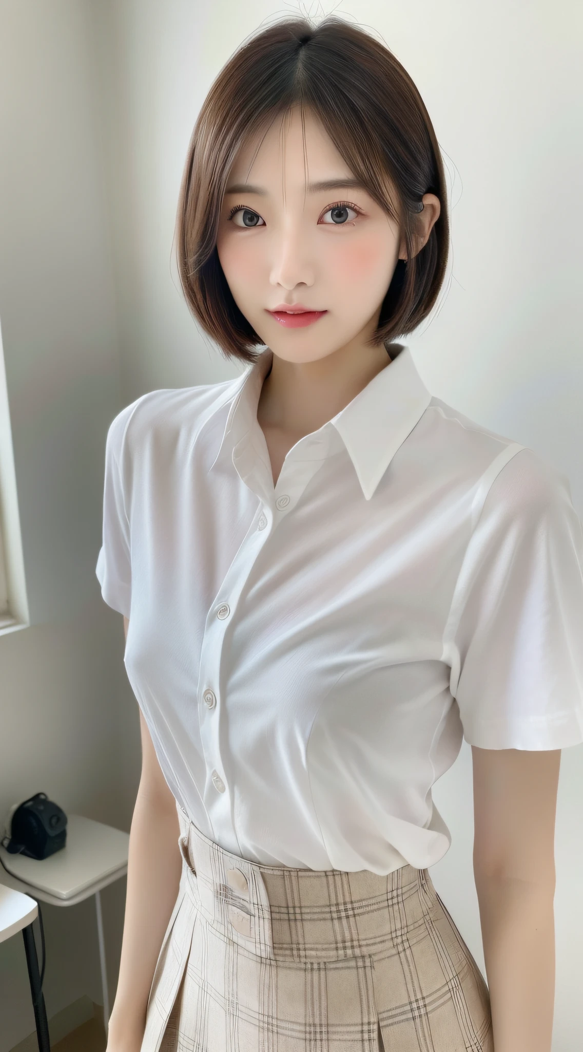 hightquality、 ​masterpiece、 独奏、 Beautuful Women、Beautiful delicate face、Beautiful delicate eyes、cute  face、 (photographrealistic:1.3)、(one length bob:1.3)、(Beautiful woman with perfect body:1.4)、Studio Lighting、 (High Detail Skins:1.2)、 physically-based renderingt、8K UHD、 hightquality、 hight resolution、 8K、 bokeh dof、 absurderes、 (realisitic:1.3)、(White collared shirt、tight skirts:1.2)、鎖骨、 beauty breast、 Fluffy breasts、Valley、Kojiri、a short skirt、FULL BODYSHOT、(Slender beauty:1.2)、erotick、A sexy、Office room、glowy skin、randome pose