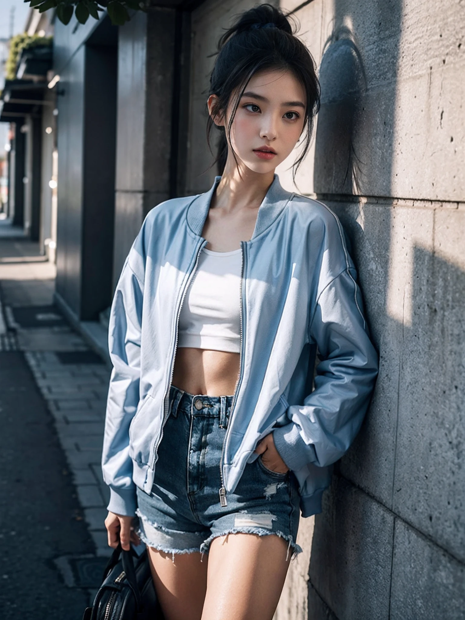 ((smallunderboob,Tomboyish,small heads)), (Well-defined abs: 1.1), (perfect bodies: 1.1), (short-length straighthair: 1.2), Black hair, upper body photos, attractive collarbone，（极其细致的CG 8k壁纸），（Extremely refined and beautiful），（tmasterpiece），（best qualtiy：1.0），（超高分辨率：1.0），beautiful light up，Perfect lightning，realistic shaded，[A high resolution]，Smooth and flawless fair skin，ultra - detailed ，Elongated legs，flatchest，Slim，emaciated，Short ponytail hair，The collar and sleeves are dark blue light blue jacket tracksuit tops，grey vest，denim short，White sneakers，夏天，eventide，A sea of people，at the doorstep of a school，Outside the walls，are standing，outside，Tree-lined roadsides，Carrying a school bag，Close-up