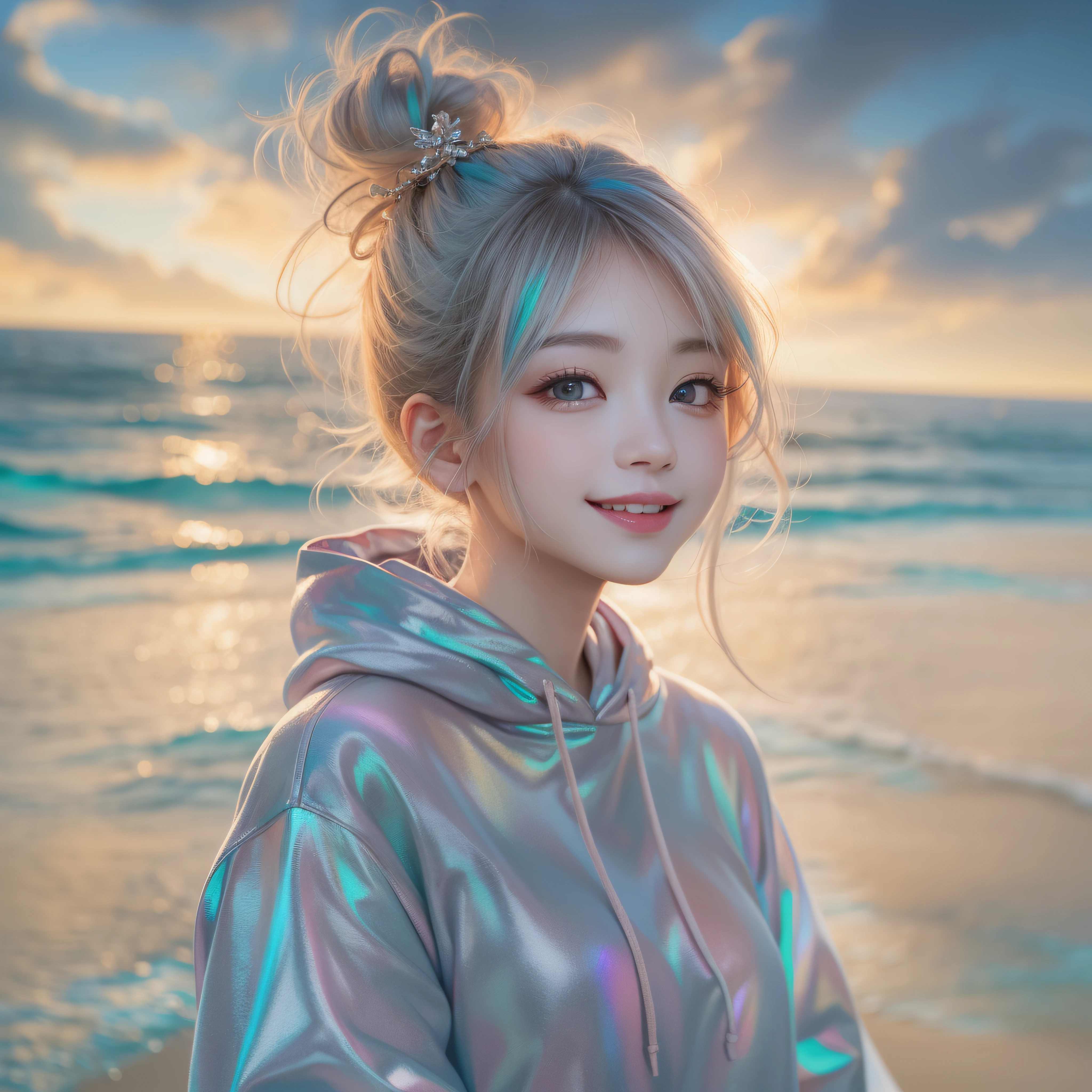 Wearing a hoodie on the head、Wearing a hoodie on the head、Wearing a hoodie on the head、Close up of smiling face with open mouth、(realisitic、hight resolution)、(1 girl in)、Do-Up Eye、Korean Girl、(Best Quality), (masutepiece), (1girl in), Solo, a beauty girl, Perfect face, Big Breast,dreamlikeart、Highly detailed airbrush art((Surreal))、Volumetric lighting、(top-quality)、The ultra-detailliert、Highly detailed colorful details、(Bright lighting)、dynamic compositions、Ray traching、The mirror reflects light、Shallow depth of field、ultra-detailliert、mixing  exposure、nffsw、Her eyes shine iridescent、Staring at the iridescent sea。Her iridescent face is、Full of adventure anticipation and courage.、A smile appears on her iridescent lips。 At the rear、The sun is slowly tilting to the west。Its light brings iridescent light to the surface of the sea、The swaying waves create a beautiful scene。Her eyes shine clearly iridescent。Lots of iridescent colors、