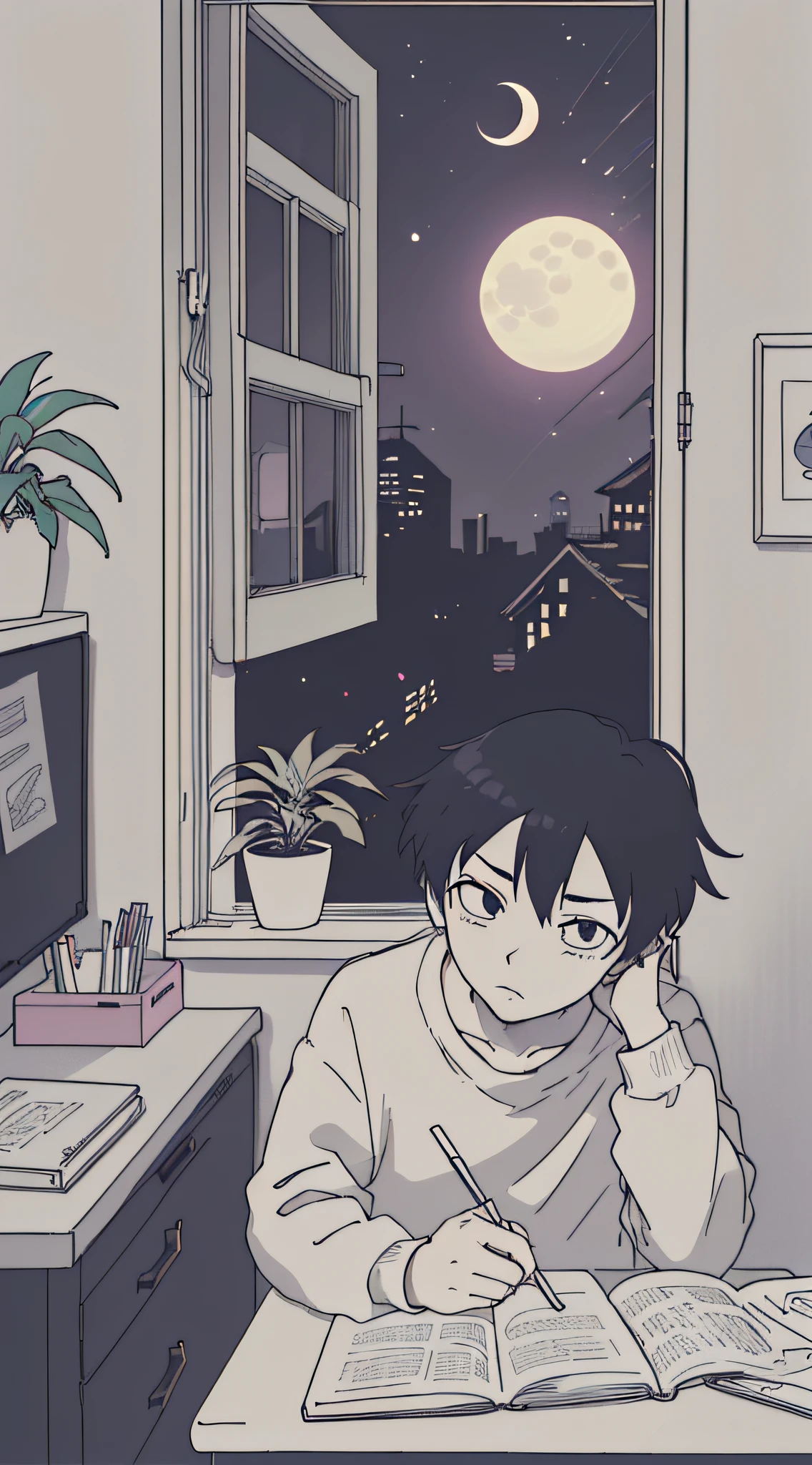 (masutepiece:1.5, Best Quality:1.5), ((Vaporwave Style, partially coloring)),In a cozy apartment, Boy studying alone diligently at desk,dim room,Stylish warm lighting, Coffee on the desk,I can see the moon from the window,Room decorated with plants