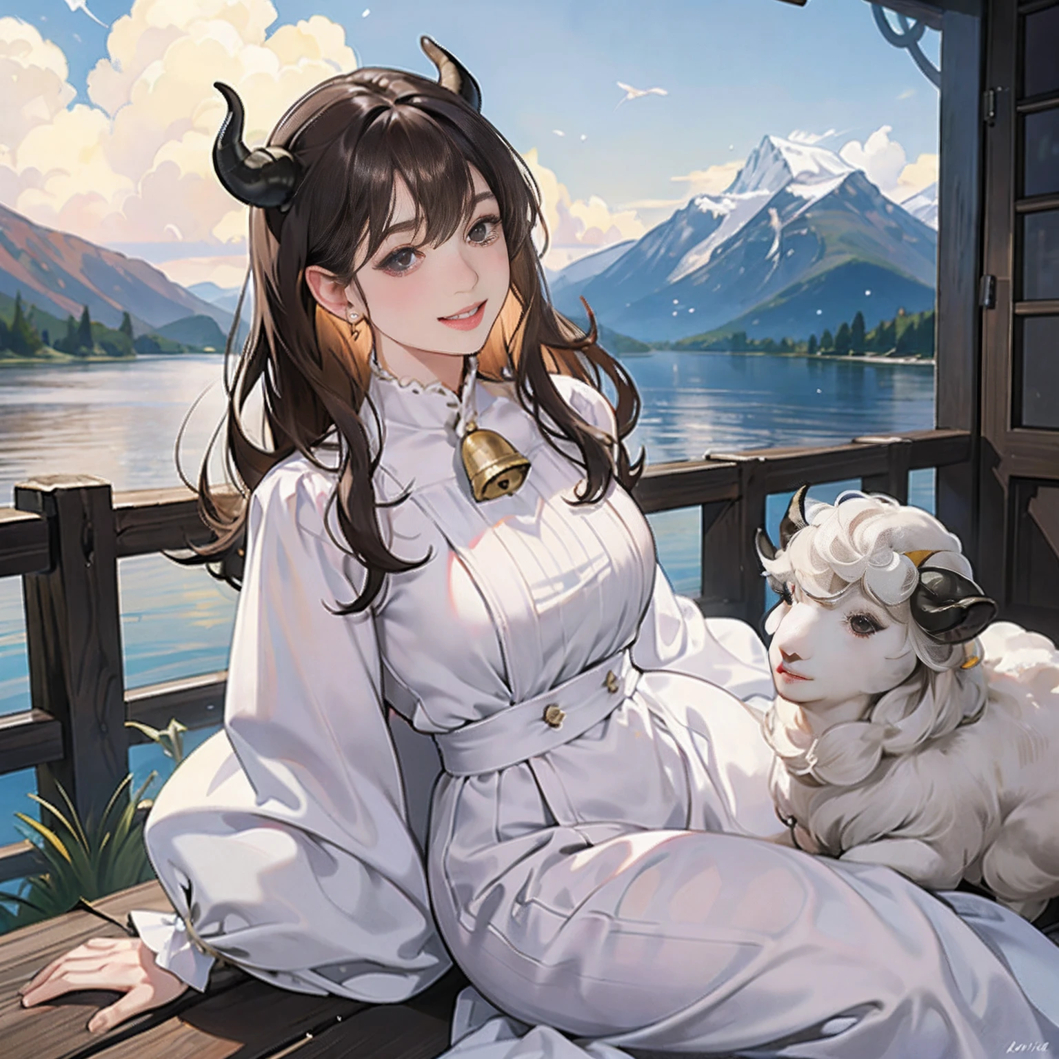 Women in Their 20s、 Fantasia、offcial art, unity 8k wall paper, ultra-detailliert, beautifly、Aesthetic, ​masterpiece, top-quality, Photorealsitic、Black eyes、Whitehorn:2.0、white horns:2.0、White swirling horns:2.0、dark brown hair、Sheep Woman、Sheep's ears、Milky sheep horns:1.6、Collar with bell:2.0、Mokomoko Dress、Generative Fabric、Milky cotton clothes、depth of fields, Fantastic atmosphere, Calm palette, tranquil mood, Soft shading、bbw、very large breast、plump figure、Huge breasts、Ranch on the mountain、wooden fence、Flock of sheep:1.6、Happy smile、Playing with sheep、Smile with small teeth visible