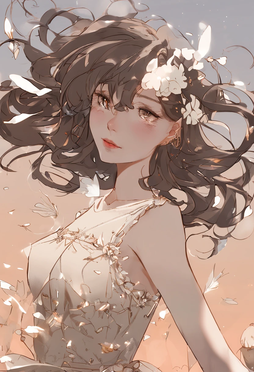 Delicate brown hair，Slender woman、A slight smil、Black tube top、Light cream tulle skirt。Beige boots、Princess hug、Walk straight、Super Detail，Anatomically correct、Ray traching，细致背景、