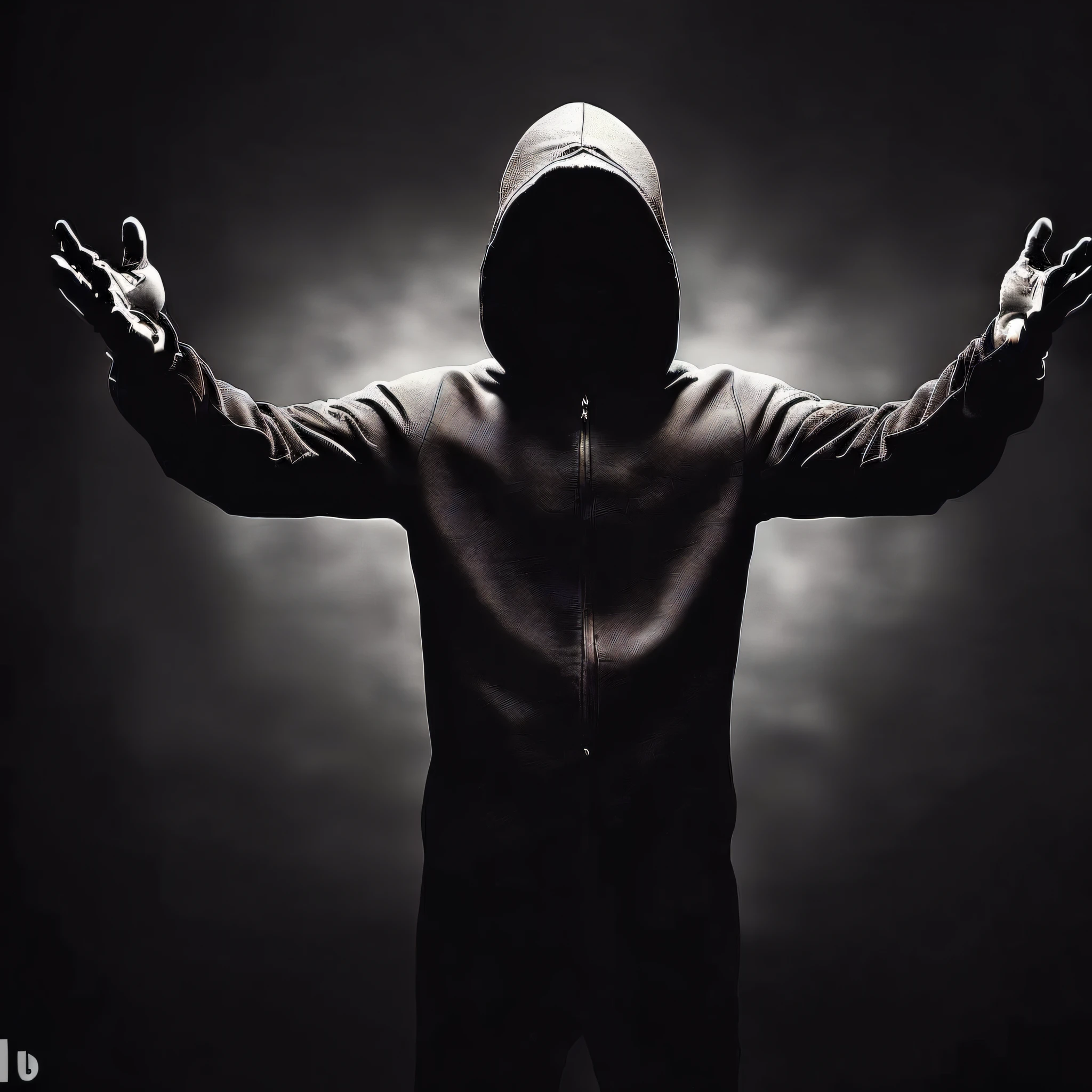 Hooded man with hands out, usando um capuz escuro, figura encapuzada, figura encapuzada surreal, encapuzado, em um moletom preto, Tecnologia de pano VantaBlack, figuras encapuzadas, vestido com capuz, Homem misterioso, pessoas sem rosto escuras, usando um capuz preto, Camuflada, gothic wearing hooded dark cloak, figura escura encapuzada