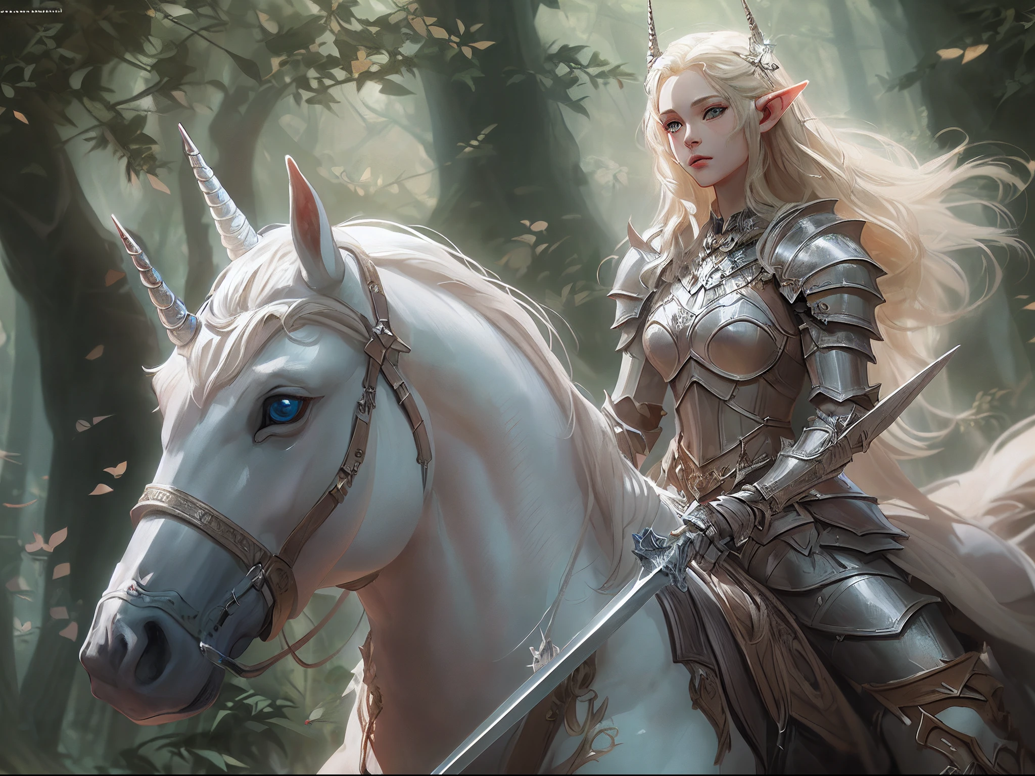 a picture of a beautiful female elf knight riding a unicorn in the forest, female elf knight, extremely beautiful female elf (best details, Masterpiece, best quality: 1.5), ultra feminine, ultra detailed face (best details, Masterpiece, best quality: 1.5), determined face, ready for war, blond hair, long hair, wavy hair, dynamic eyes color, armed with a long sword, wearing heavy armor, elven armor (best details, Masterpiece, best quality: 1.5), white unicorn,  fantasy forest and some clouds in the background, fantasy art dnd art, RPG art magv1ll, Ultra-Wide Angle, high detail, award winning, best quality, HD, 16K, high details, best quality, absurd highres, ultra wide angle, photorealistic, ultra realistic [[anatomically correct]], high details, best quality, 16k, [ultra detailed], masterpiece, best quality, (extremely detailed), ultra wide shot, photorealistic,