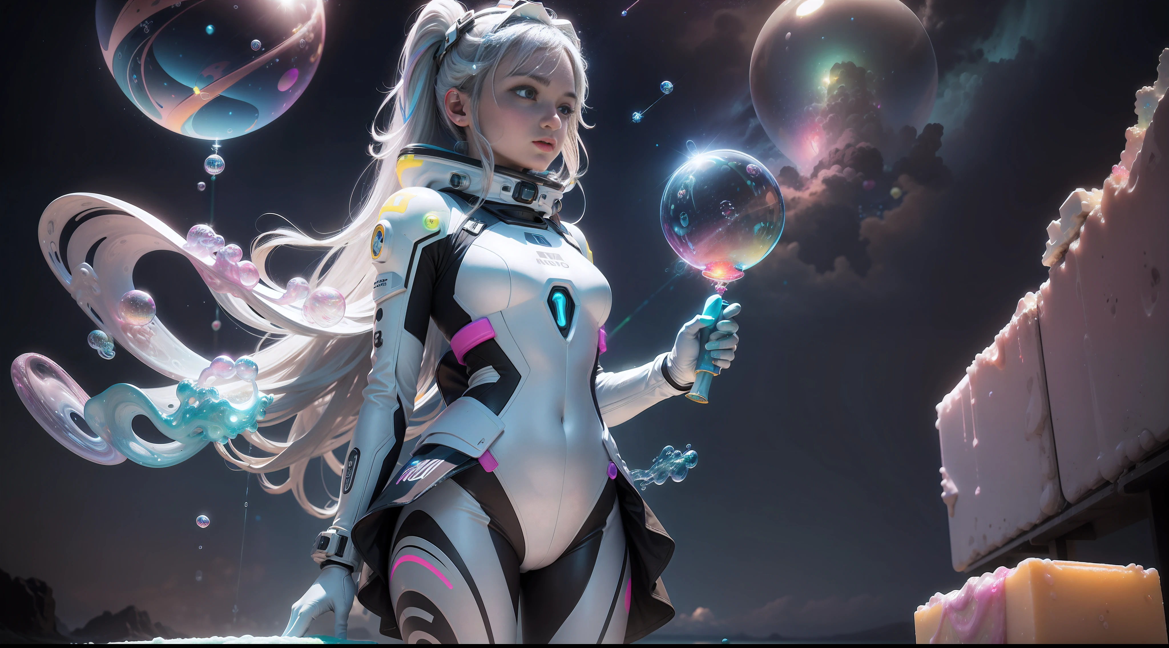 hd masterpiece, one standing woman, detailed face, mid shot, silver astronaut suit, ((colorful sky)) and (((neon soap bubbles))), sea background