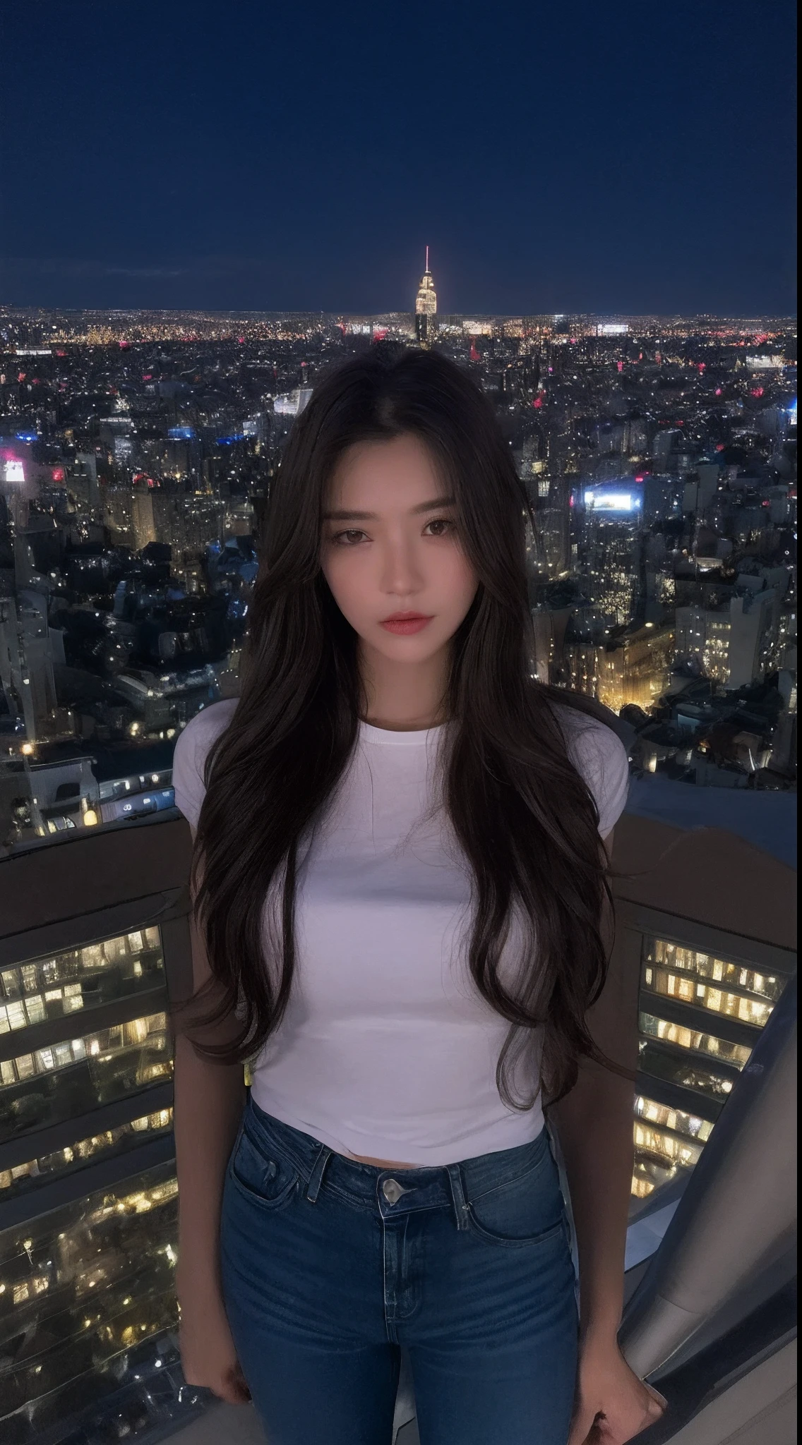 ((mid night、top-quality、8k、​masterpiece:1.3)), full bodyesbian, long legged, foco nítido:1.2, Beautiful woman with perfect body shape:1.4, Slender Abs:1.1, ((dark brown  hair、small tit:1.1)), (White tight t-shirt、Tight skinny jeans 、is standing:1.2), ((Night City View、On the rooftop:1.3)), Highly detailed facial and skin texture, A detailed eye, 二重まぶた