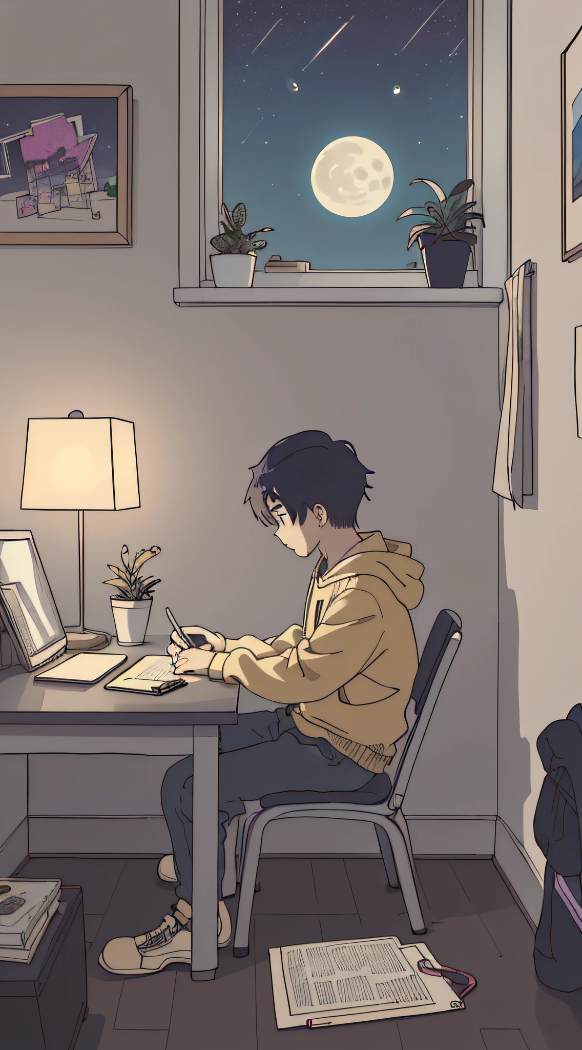 (masutepiece:1.5, Best Quality:1.5), ((Vaporwave Style, partially coloring)),In a cozy apartment, Boy studying alone diligently at desk,dim room,Stylish warm lighting, Coffee on the desk,I can see the moon from the window,Room decorated with plants