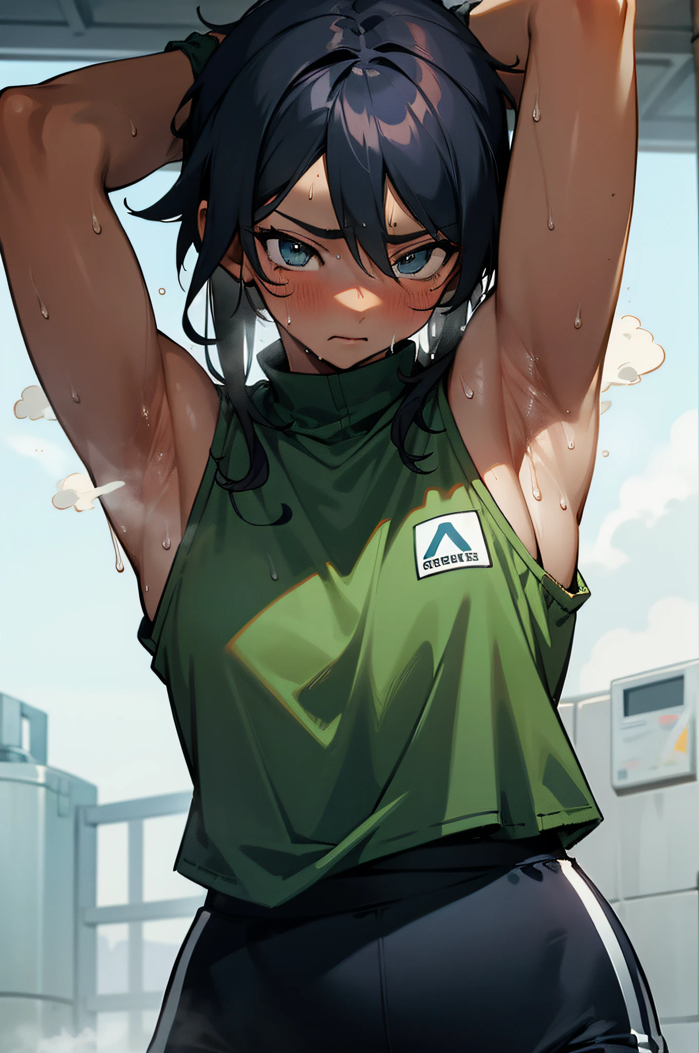 Black_skin,Armpit,One_girl,muscle,Sweat,sweat stain,sportswear,steam,lock_down