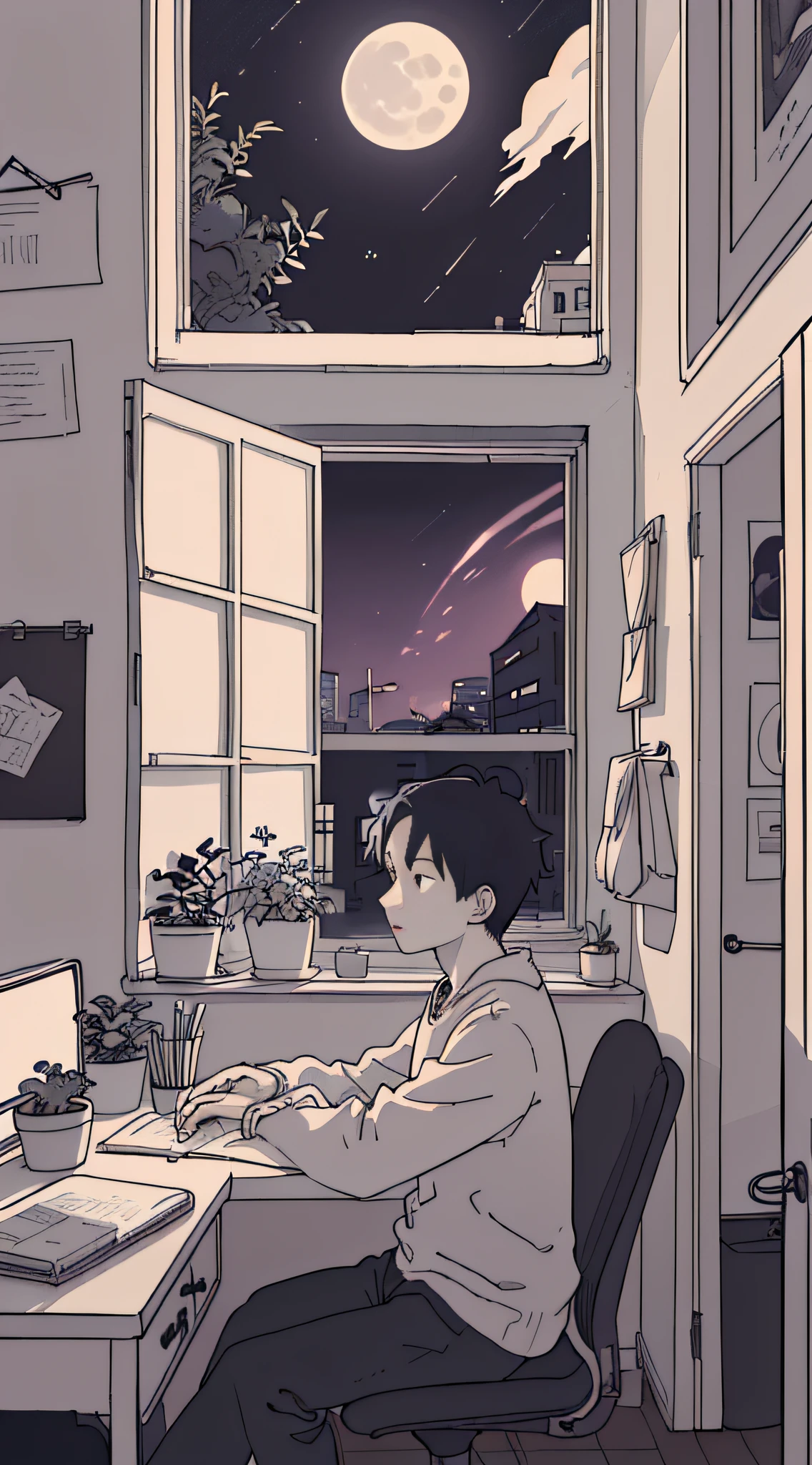 (masutepiece:1.5, Best Quality:1.5), ((Vaporwave Style, partially coloring)),In a cozy apartment, Be eager at your desk１Boys studying directly,dim room,Stylish warm lighting, Coffee on the desk,I can see the moon from the window,Room decorated with plants