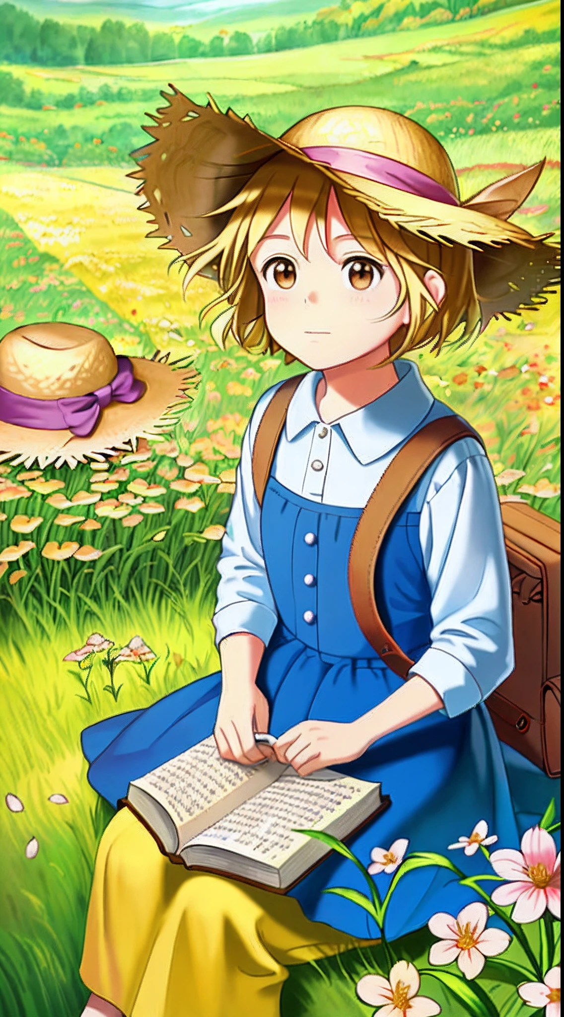 Sitting in an autumn wheat field,A super cute girl reads a fairy tale book,Natural light,Fresh and light colors,blossoms,butterflys,Straw Hat Hat,book,bookbag,Super detailed picture,tmasterpiece,Masterpiece,Shooting from an elevation perspective