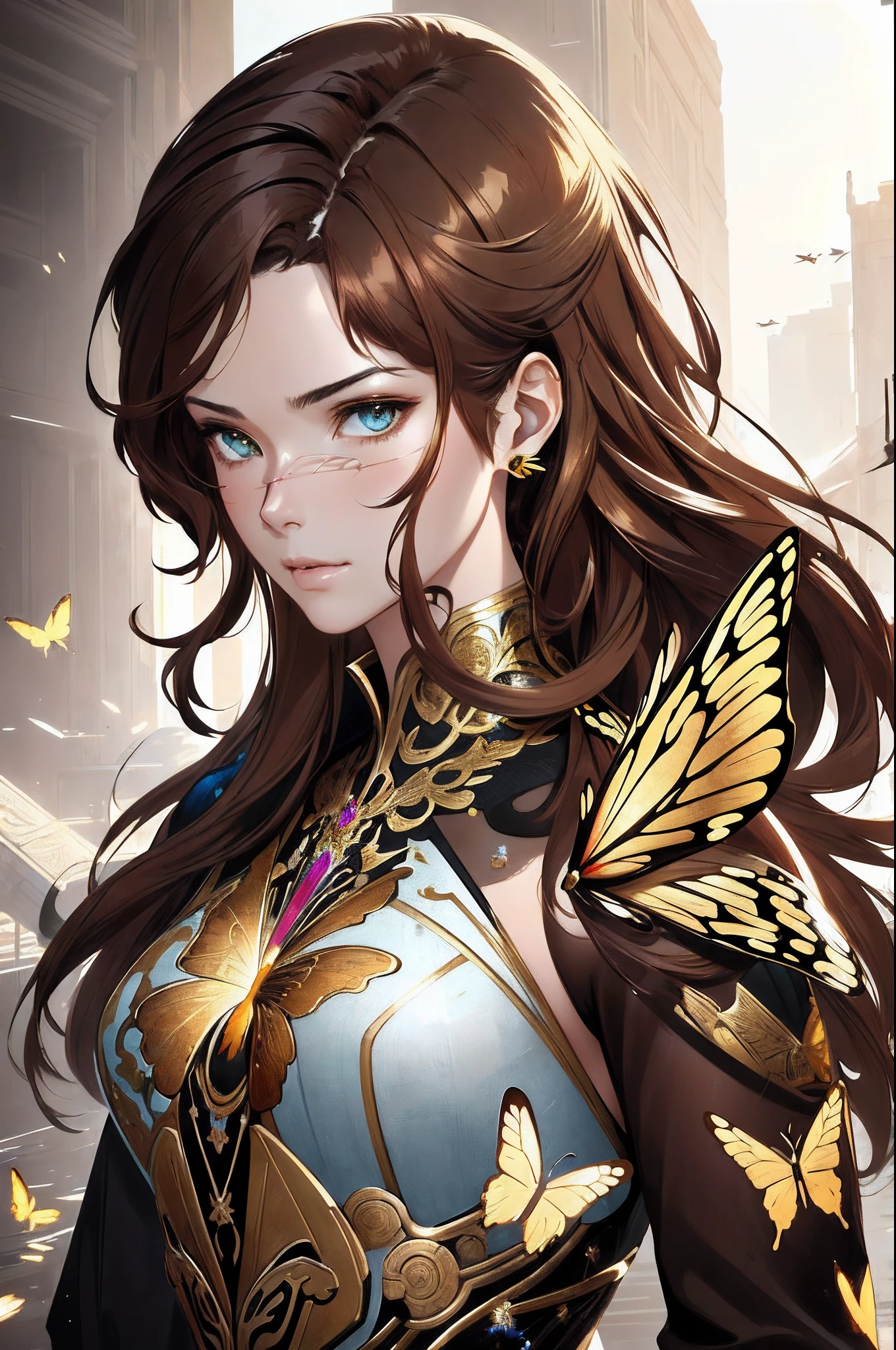 8k portrait of beautiful cyborg with brown hair, intricate, elegant, highly detailed, majestic, digital photography, art by artgerm and ruan jia and greg rutkowski surreal painting gold butterfly filigree, broken glass, (masterpiece, sideligh