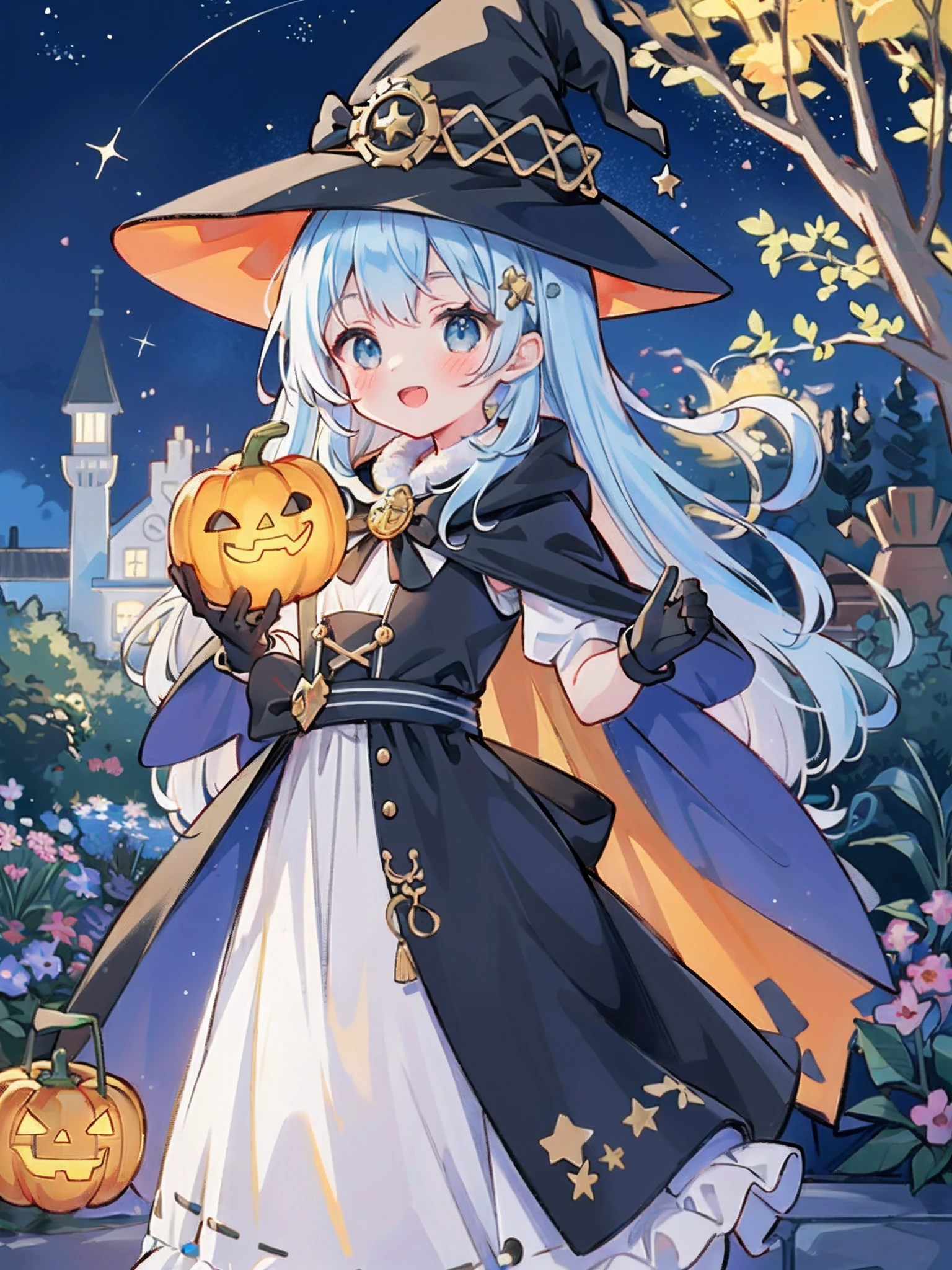 ((masterpiece:1.2, best quality)), 1girl, solo, (witch hat), a close up of a girl with curly hair, dress, aurora, night, star (sky), gloves, sky, dress, night sky, open mouth, starry sky, light blue eyes, ribbons, smile, cape, colorful hair, magic, casting spell, night, (impressionism:1.4), alphonse mucha, Halloween colors, colorful candy, magical lights, pumpkins, candies