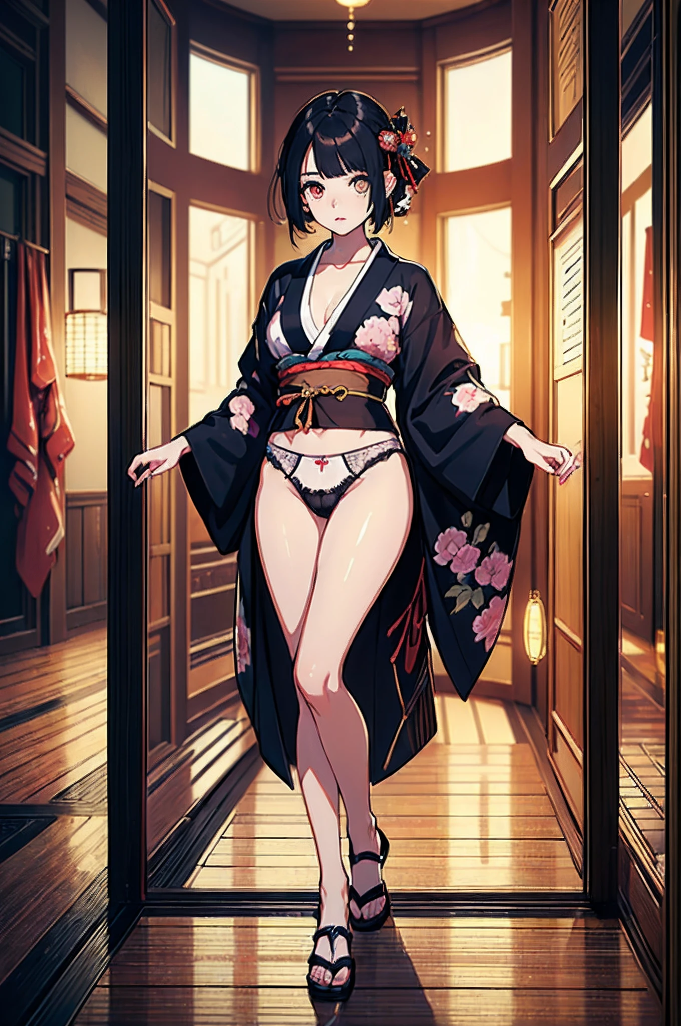 (((​master piece:1.5))),(hyper quality::1.5), Hyper Detailed,Perfect drawing、3D,8K Illustration、clearface、Hi-Res、japanes、1 persons、adult lady、((Hollow eyes:1.5))、Beautiful skins、Lustrous hair、(((beautiful kimonos)))、((Luxury underwear))、(((Beautiful underwear)))、Japan background、nice background、((beatiful backgrounds))、(((Detailed drawing)))、Perfect Beautiful Girl、((Perfect Photo))、((hopelessness))、((emptiness))、upright