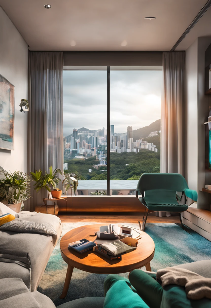 Modern company relaxation space with sofa, television, livros e jogos colorida com vista do rio de janeiro na janela