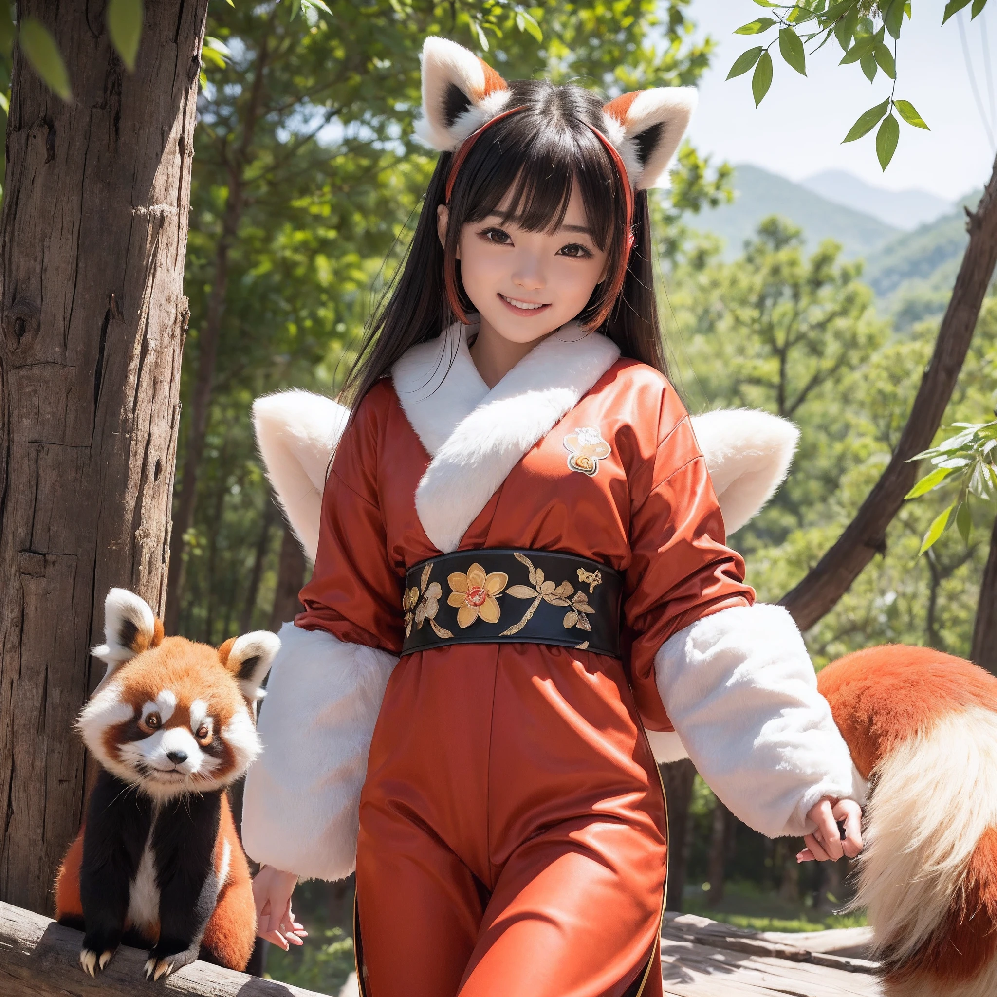 (8K、RAW Photos、top-quality、masterpiece:1.5)、(realisitic、Photorealsitic:1.5)、ultra-detailliert、超A high resolution、lighting like a movie、(((Idol who loves red pandas)))、(((Japan 16 year old girls)))、(((Wearing a cute costume with a red panda motif)))、(Lots of red pandas:1.5)、cute smile face、Happy and energetic atmosphere、dynamic ungle、动态照明