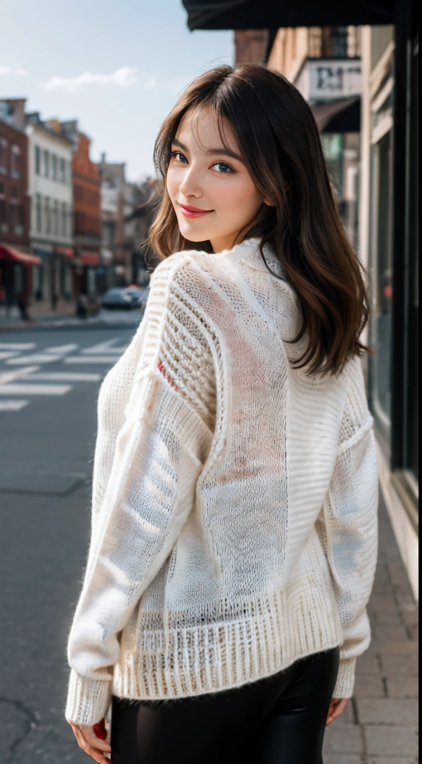 (Masterpiece, Best quality:1.4), (modern times), (Cowboy shot), 1girll, Solo, angle of view, sfv, Stunning girlfriend, (standing:1.1), Dynamic pose, (White oversized sweater, knitted sweater:1.4), (Tight Yoga Pants,dark grey yoga pants:1.4),(Lace,brassier:1.4),long Brond Hair,By bangs,heart - shaped face,Elegant face,beauitful face,High detail face,Highly detailed skin,skin pore,sub surface scattering,(Blue eye details),realistic pupil,crisp breasts,A loving smile,looking at viewert,full blush,'s plump lips,holding a single coffee cup,at centre,coffee shop in background,the city street,Sunnyday, ventania, detailed back ground, depth of fields, atmosphric perspective, Volumetriclighting, Clear focus, absurd res, Realistic proportions, Good anatomy, (realisticlying, Hyper-realistic:1.4), 16K HD,