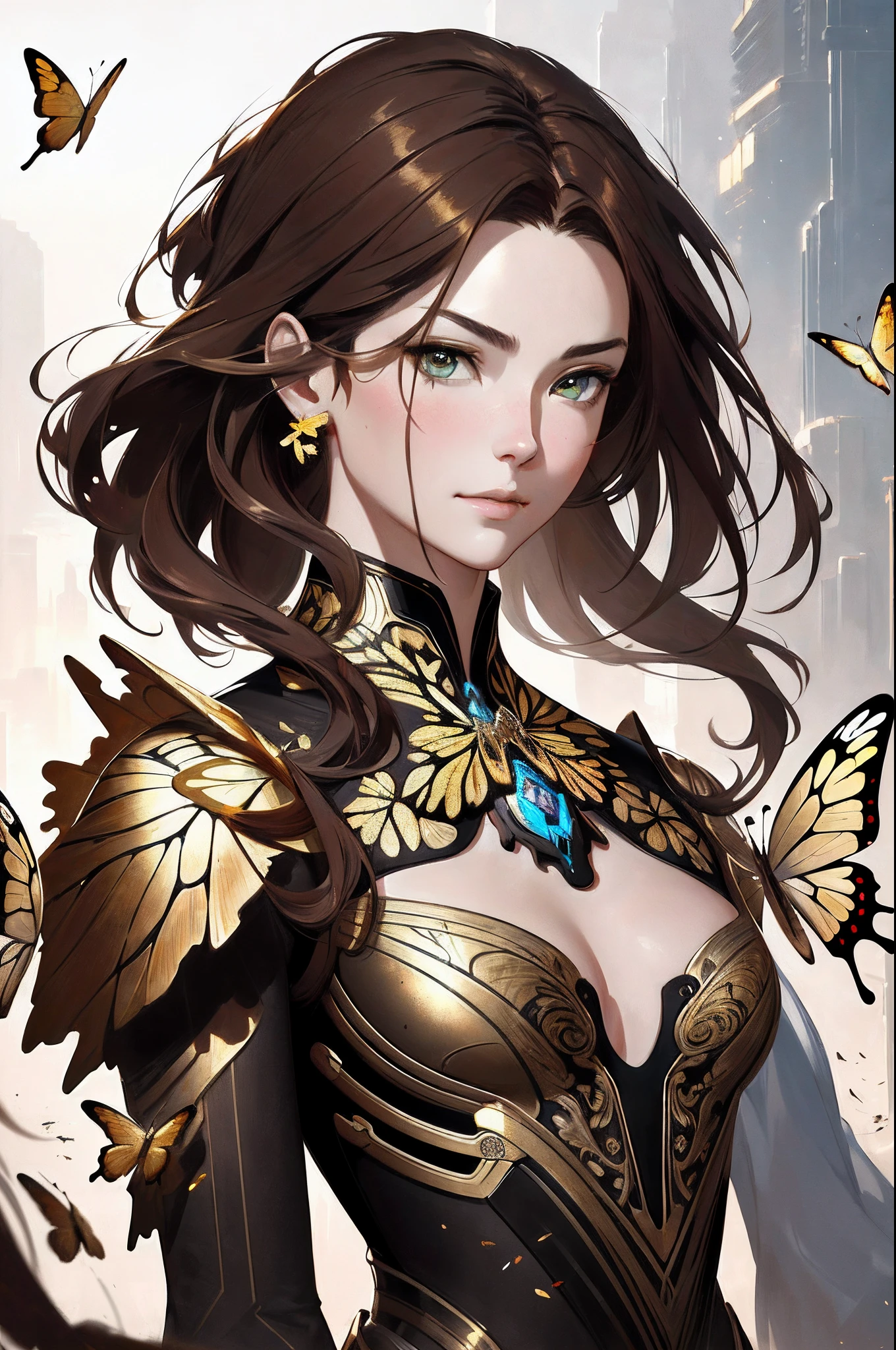 8k portrait of beautiful cyborg with brown hair, intricate, elegant, highly detailed, majestic, digital photography, art by artgerm and ruan jia and greg rutkowski surreal painting gold butterfly filigree, broken glass, (masterpiece, sideligh