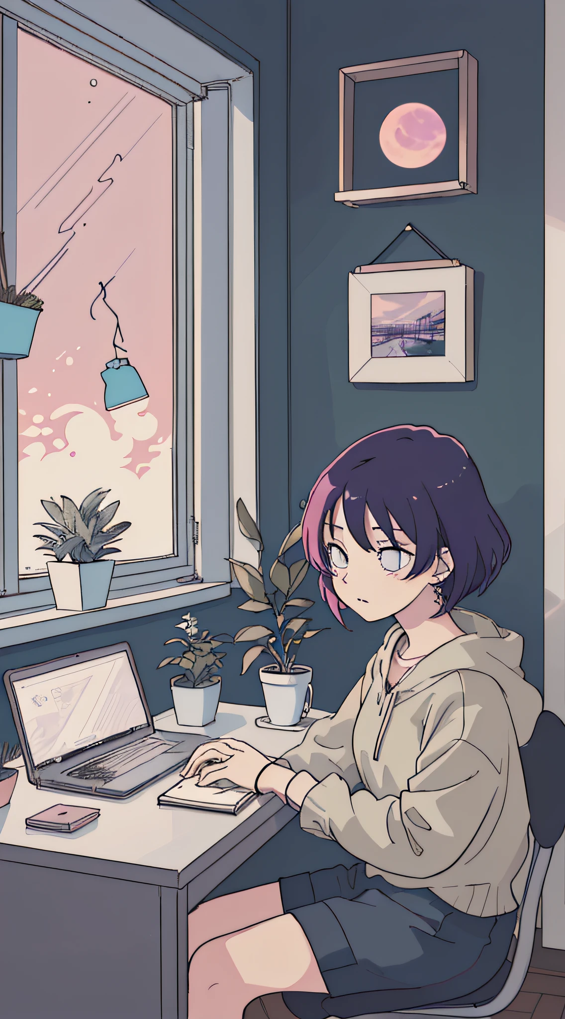 (masutepiece:1.5, Best Quality:1.5), ((Vaporwave Style, partially coloring)),In a cozy apartment, Girl studying diligently at desk alone,dim room,Stylish warm lighting, Coffee on the desk,I can see the moon from the window,Room decorated with plants