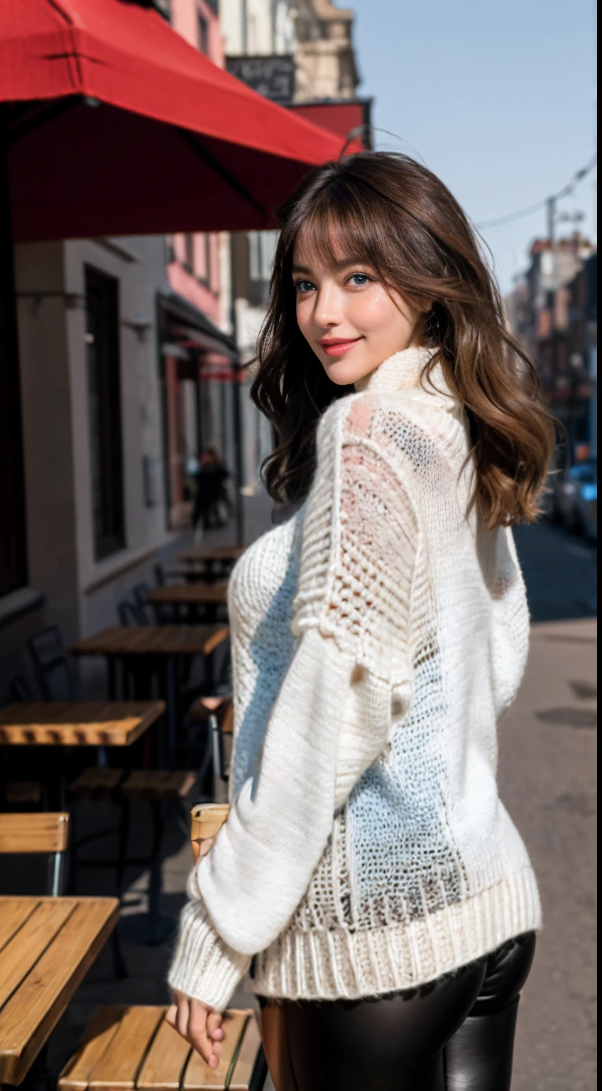 (Masterpiece, Best quality:1.4), (modern times), (Cowboy shot), 1girll, Solo, angle of view, sfv, Stunning girlfriend, (standing:1.1), Dynamic pose, (White oversized sweater, knitted sweater:1.4), （Tight Yoga Pants，dark grey yoga pants：1.4），（Lace，brassier：1.4），long Brond Hair，By bangs，heart - shaped face，Elegant face，beauitful face，High detail face，Highly detailed skin，skin pore，sub surface scattering，（Blue eye details），realistic pupil，crisp breasts，A loving smile，looking at viewert，full blush，'s plump lips，holding a single coffee cup，at centre，coffee shop in background，the city street，Sunnyday, ventania, detailed back ground, depth of fields, atmosphric perspective, Volumetriclighting, Clear focus, absurd res, Realistic proportions, Good anatomy, (realisticlying, Hyper-realistic:1.4), 16K HD,