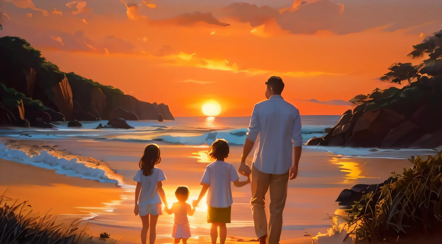 Painting of a family walking on a beach at sunset, Inspirado em Mark Keathley, Directed by: Alexander Kucharsky, por RHADS, on the beach at sunset, arte conceitual | RHADS, Cena realista, Happy family, at the beach on a sunset, Directed by: Scott Gustafson, SUNSET ILLUSTRATION, Directed by: Tadeusz Pruszkówski