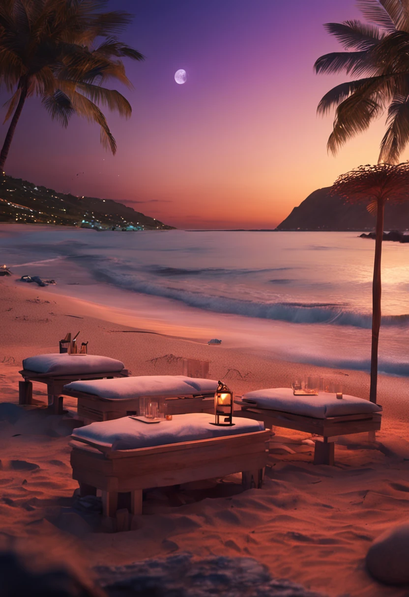 Bar de praia a noite com luzes de varal realista