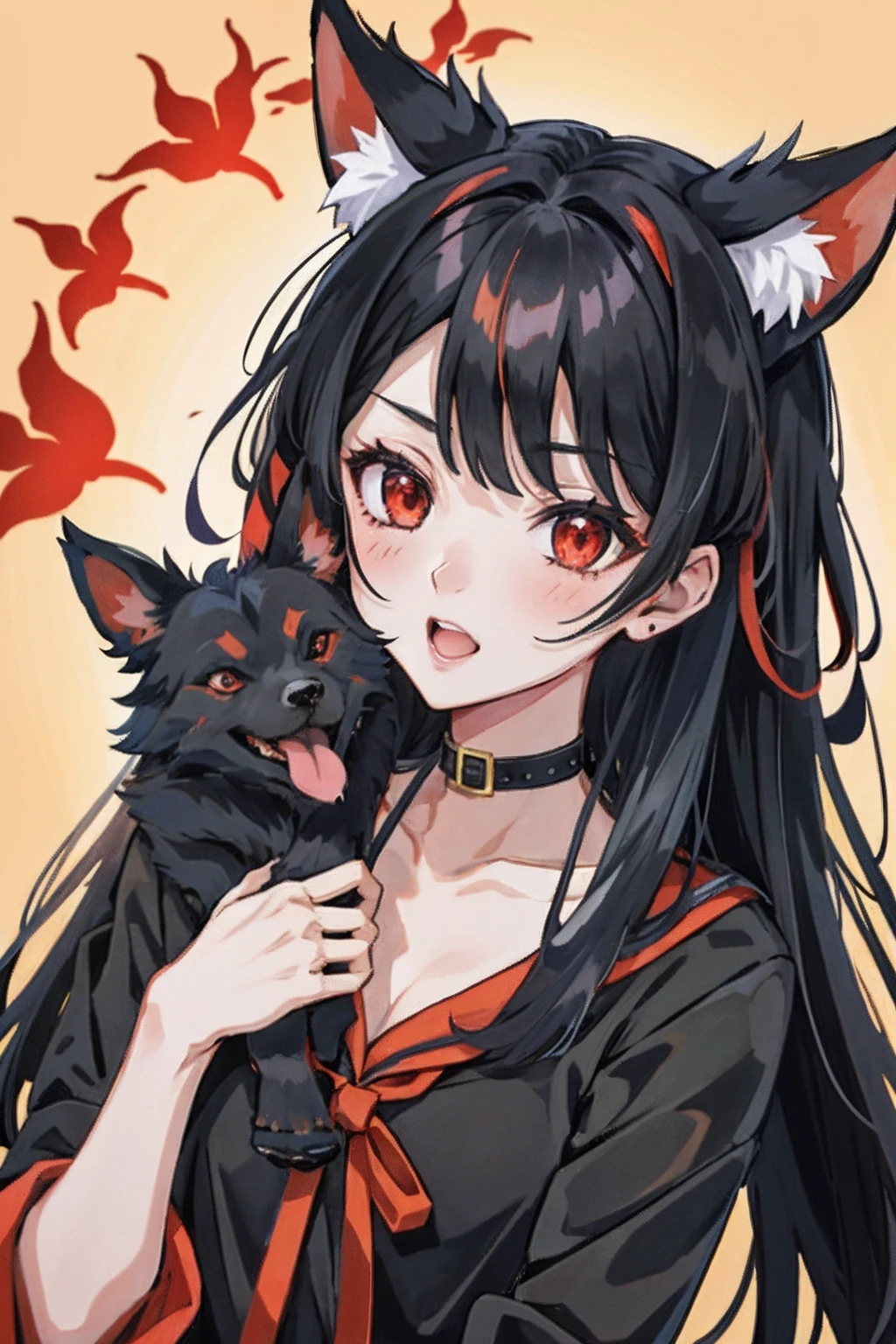 1girl,  black medium hair, red eyes, red magic, dogs ears, inumimi, kyoani haruhi style, portrait