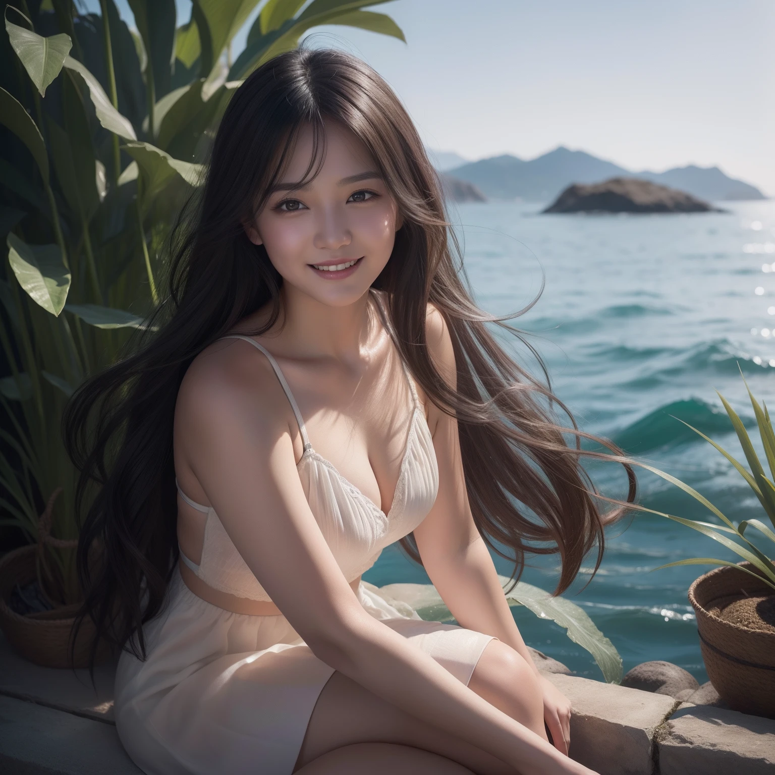 (Front Focus)、(Dark: 1.6)、Hyperrealist female portrait by David Hockney and Alphonse Mucha、Fantasy Art、photoRealstic、Dynamic lighting、art stations、Volume Lighting、extra detailed face、4 k、Award-winning、 、女の子1人、Sea in clear skies,lowkey、long、A dark-haired、Laughing、skirt by the、Beautiful legs、Bright clothes、big eye、dual