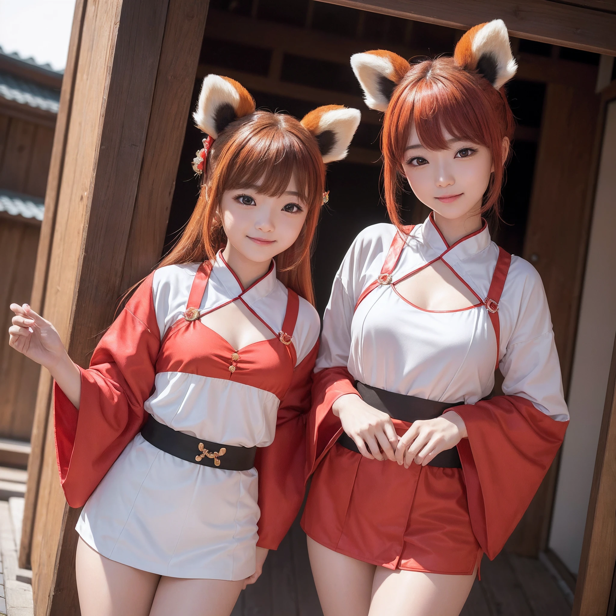 (hight resolution), (in 8K), (ighly detailed), (best pictures), (Beautiful detailed eyes), (top-quality), (ultra-detailliert), (masterpiece), (wall-paper), (详细的脸), realisitic、Photo Real、Two sisters, 19 and 18 year old girls、small flat chest、Big smile、A cup small breasts、Red-haired twin-tailed gal、Full nudity of the lower body、(Stand on the floor on tiptoe)((Open your legs wide))riding on motorcycle