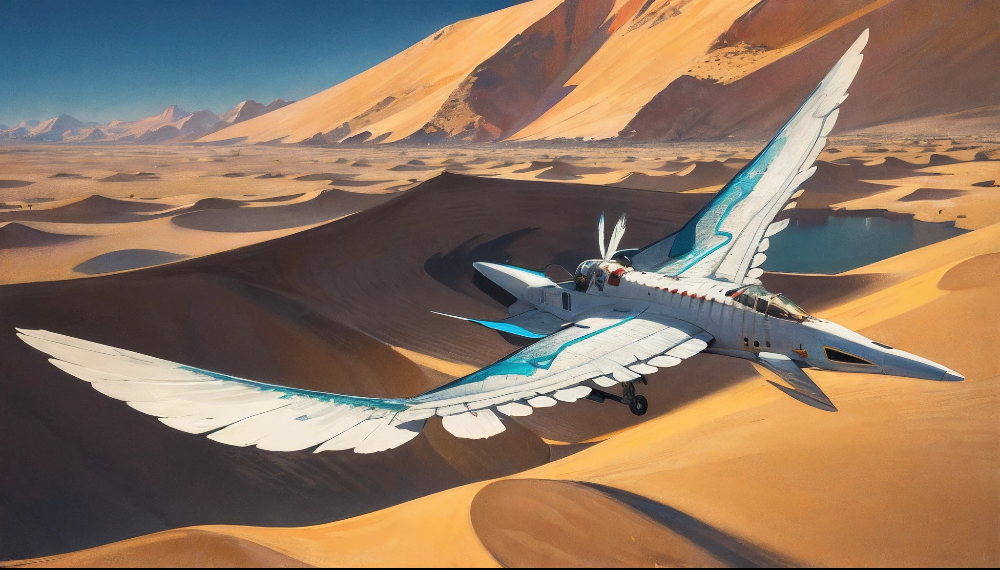 A boy in simple clothes rode on a sacred-looking silver-white flying dragon and flew over the desert,Fly to an oasis deep in the desert,The oasis is located in the upper left corner of the screen,Simple strokes
