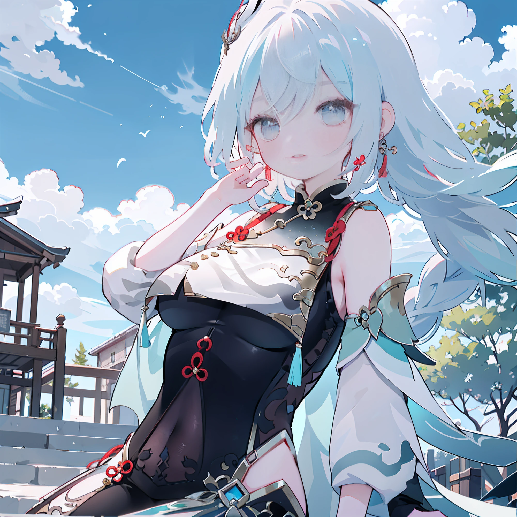 shenhe, Upper body, Smile, Blush, Outdoors, day, Simple background, Blue sky, Long hair, skyporn, Temple, view the viewer, stairways, mont, Moody lighting, pigtail hair, Smile, Blush, Sexy pose, showing armpit,sitting