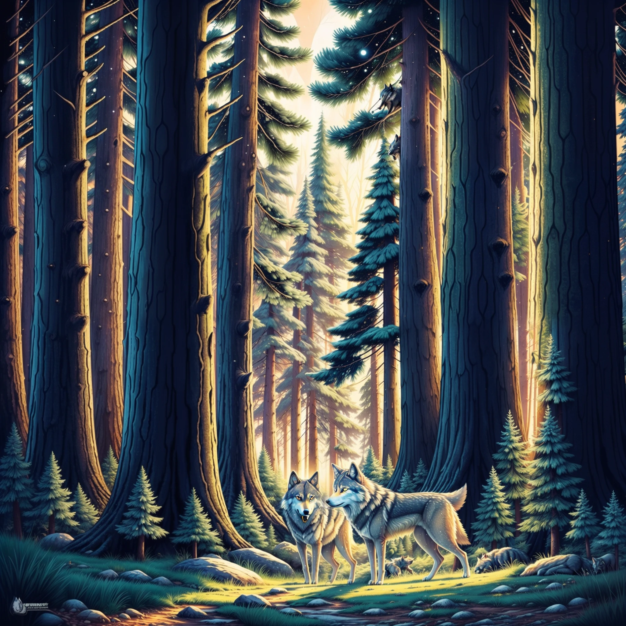 dense pine forest with wolves