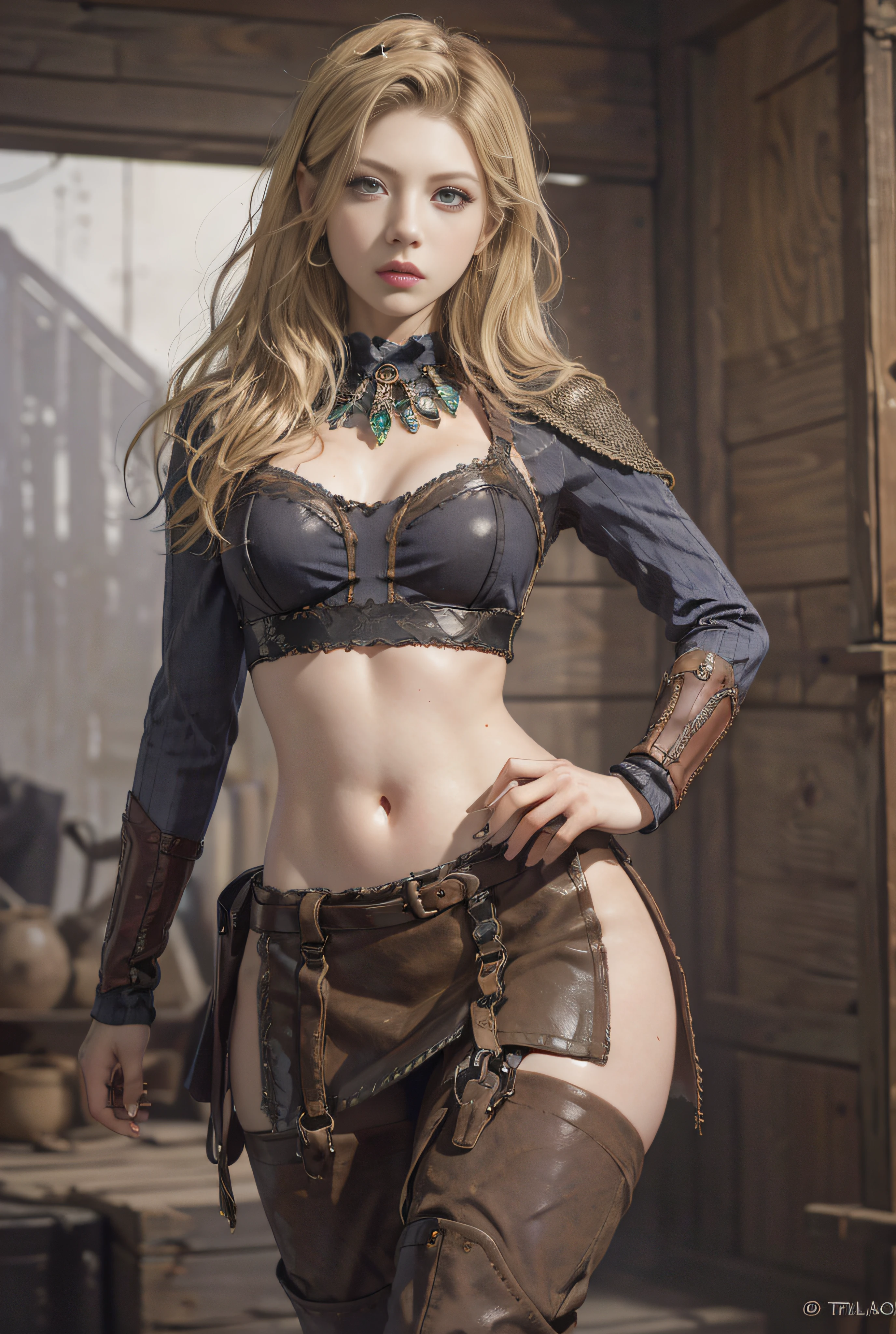 fotorrealista, ultra-high-resolution, (Tiro de encaje: 1.2), ((Katheryn Winnick: 1.3)\(Vikingos)\(Lagertha)), hiperdetallado, (musculosa), (Very defined toned physique), lindo, fe******, cuerpo detallado, (cara detallada: 1.1), (iris delineado), (lentes Hidrocor), (ojos perfectos), 4K, hermoso, (obra maestra: 1.2), (mejor calidad: 1.2), (una mujer hermosa), caderas anchas, muslos gruesos, (smal boobs: 1.2) y (small breasts: 1.2), ombligo que muestra, tacones altos, ((crop top de cuero y mini falda)), (She wears a gorgeous mini skirt)), ((Botas)), gargantilla, guarra, pose seductora, pechos alegres, thicc, (solo)