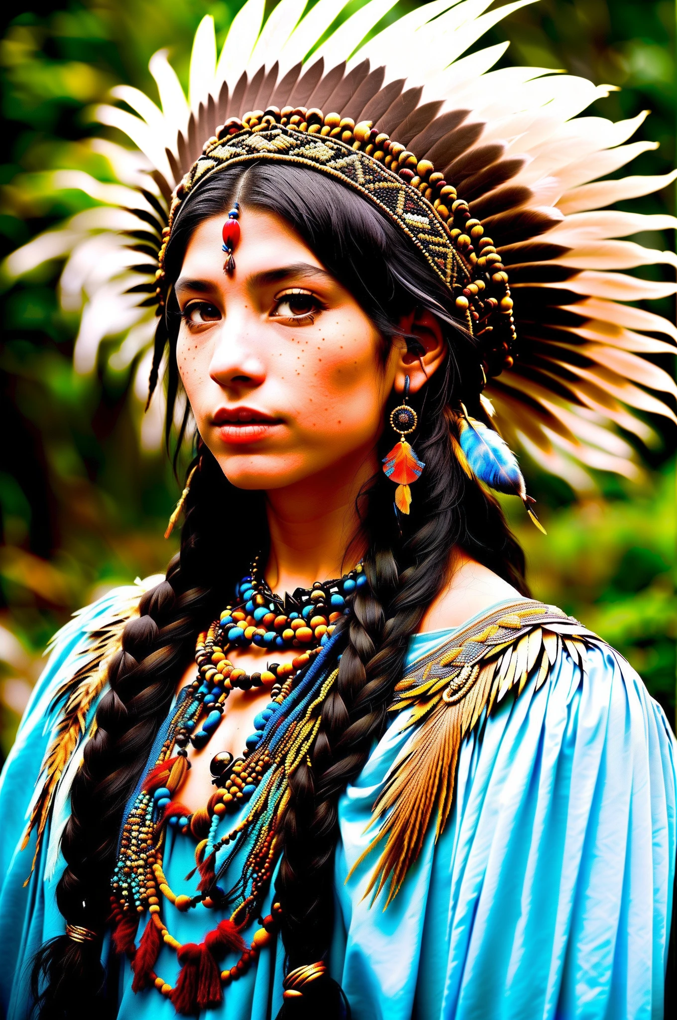 arafed woman with feathers and feathers on her head and face, beautiful young female shaman, she is dressed in shaman clothes, avian warrior, shanina shaik as medusa, portrait of mermaid warrior, a young female shaman, inka harpy girl, portrait of a dark fantasy nymph, : native american shamen fantasy, wearing crown of bright feathers