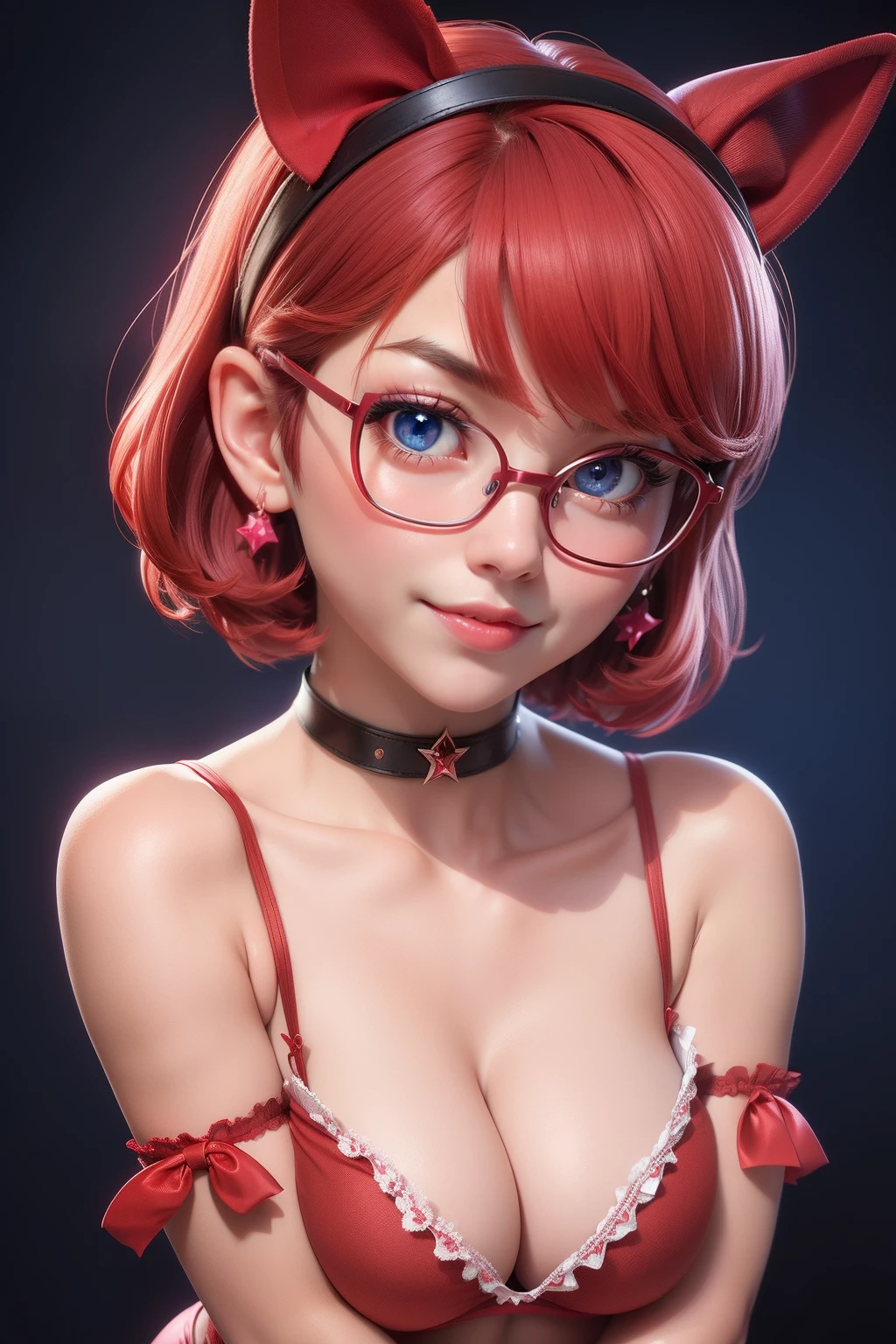 1girl, cute japanese girl, big eyes, sensual face, seductive smile, solo, short hair, erotic underwear, red color bra, detailed flower motive on bra, devil horns headband, collar, collarbone, red sensual lips, off shoulder, perfect round breast, small breast, cleavage, underboobs, erotic, nsfw, glasses, blush, seductive smile, cute face, looking at viewer, sexy pose, blue background, dark red hair, simple background, sexy pose, blue eyes, lips, closed mouth, ribbon, hair ribbon, stellar earings, bangs, upper body, parted bangs, pink ribbon