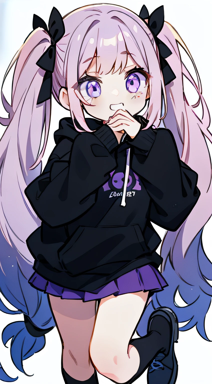 Woman with glowing purple eyes、20yr old、Hands in the mouth、Laughing、top-quality、Transparency、watercolor paiting、Hair is silver twin tails, Pattsun bangs、simple background、Wearing a large black hoodie、a miniskirt、makeups、