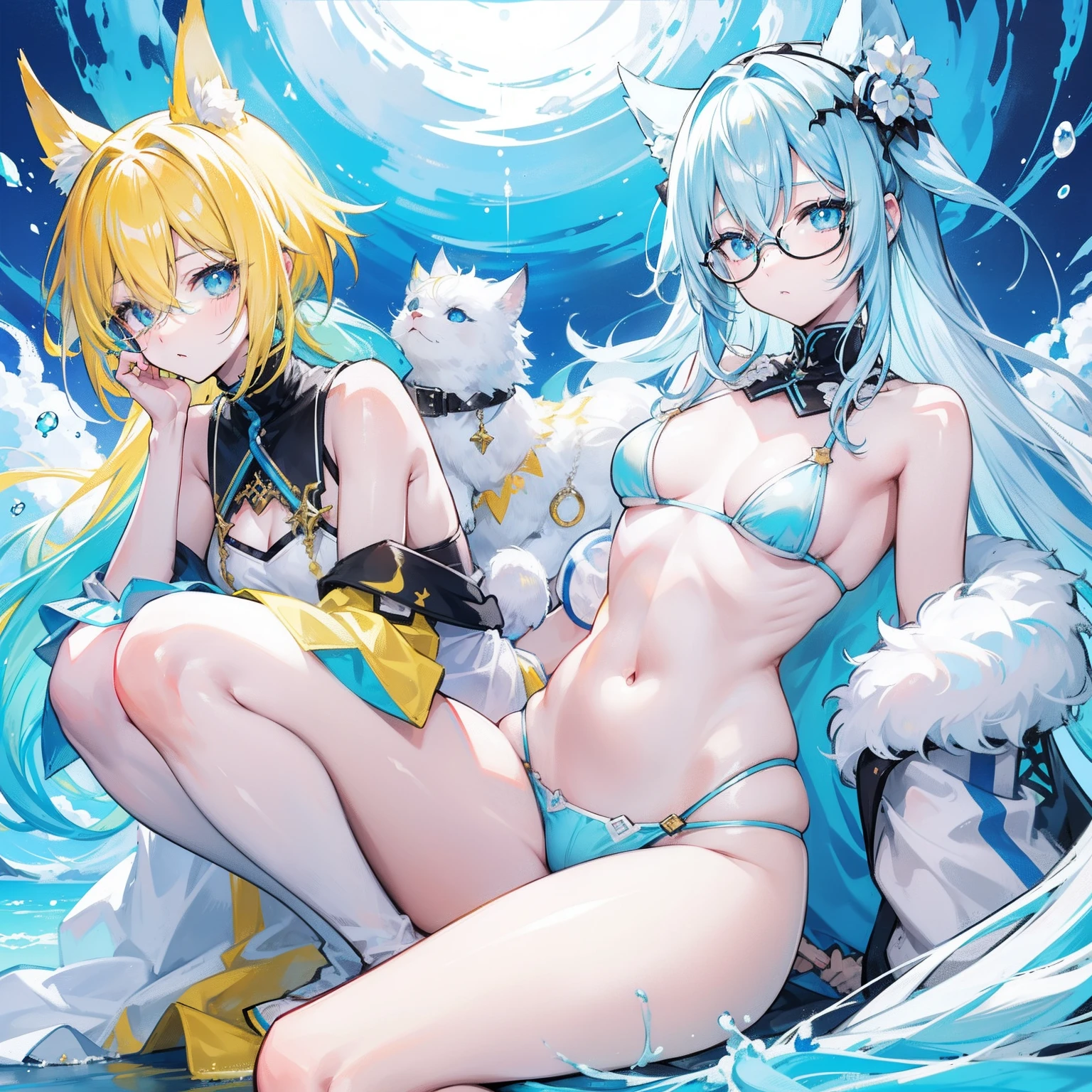 Light bluish-yellow hair with fluorescent creamy white，Blue-pink pupils，Black thick-rimmed glasses，Yellow, blue and white clothes，A super good-looking, especially sweet and cute female sea king，A lot of people are willing to be his licking dogs，She is the faith of licking dogs