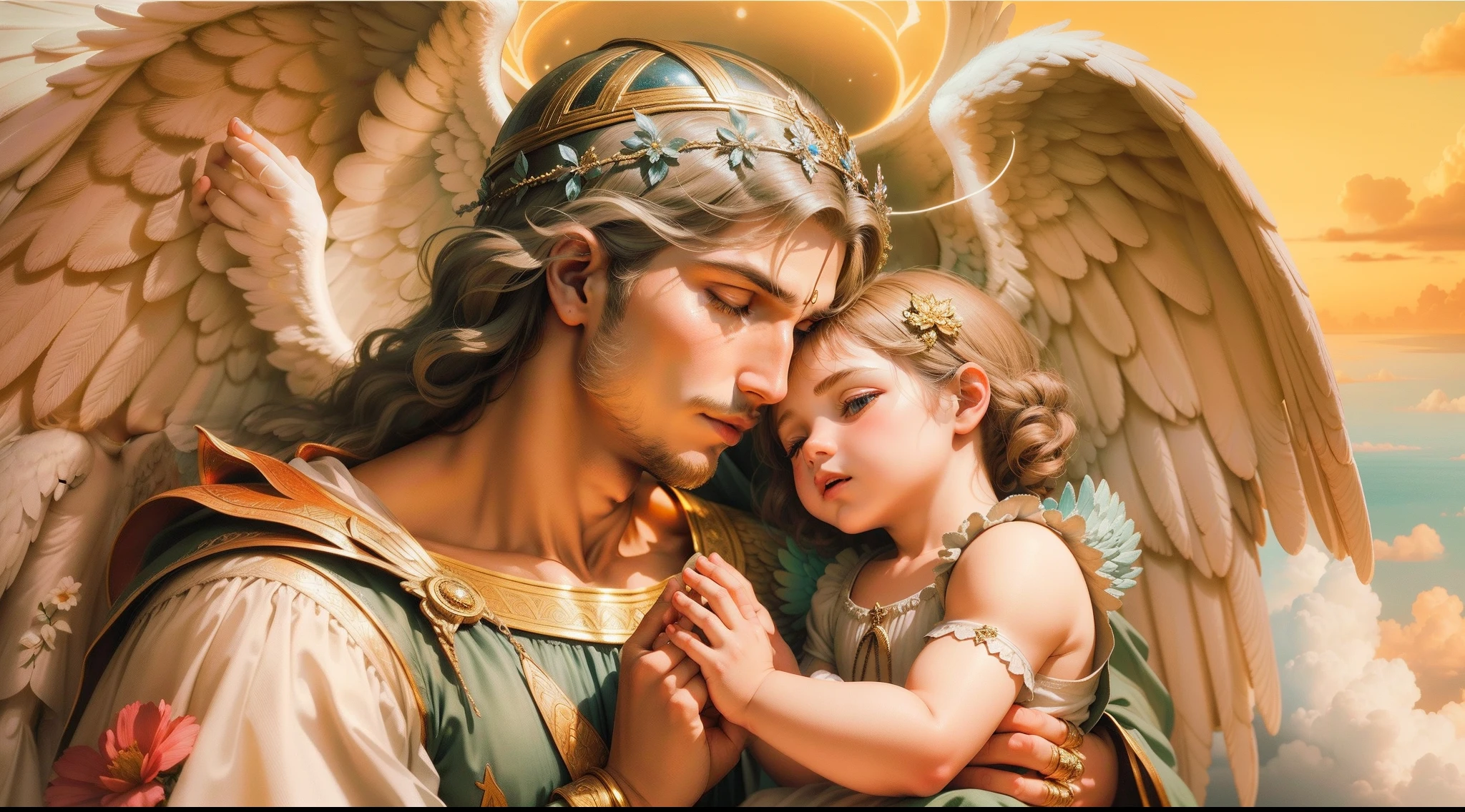Closeup of an image of the archangel man are raphael praying and blessing a child, com belas asas grandes e bonitas, perfeito, Reslistic, Biblical setting, celestial scenery, sol e nuvens ultras realistas, flores e velas, Archangel Raphael illuminated from heaven, flores coloridas, velas acesas, Archangel St. Raphael blessing a , a child at your feet, A man archangel St. Raphael, um anjo bonito e majestoso. The angel is above and the child is below looking at the archangel St. Raphael