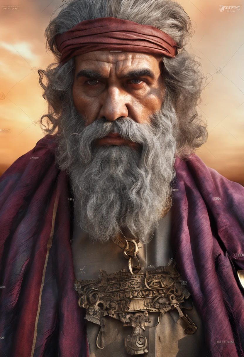 "Portrait of a wise and imposing man, de 40 anos,barbudo e com cabelos grisalhos, with a serious expression and an air of experience. highes definition. Inspiration of ancient Greek man. ovelhas ao redor