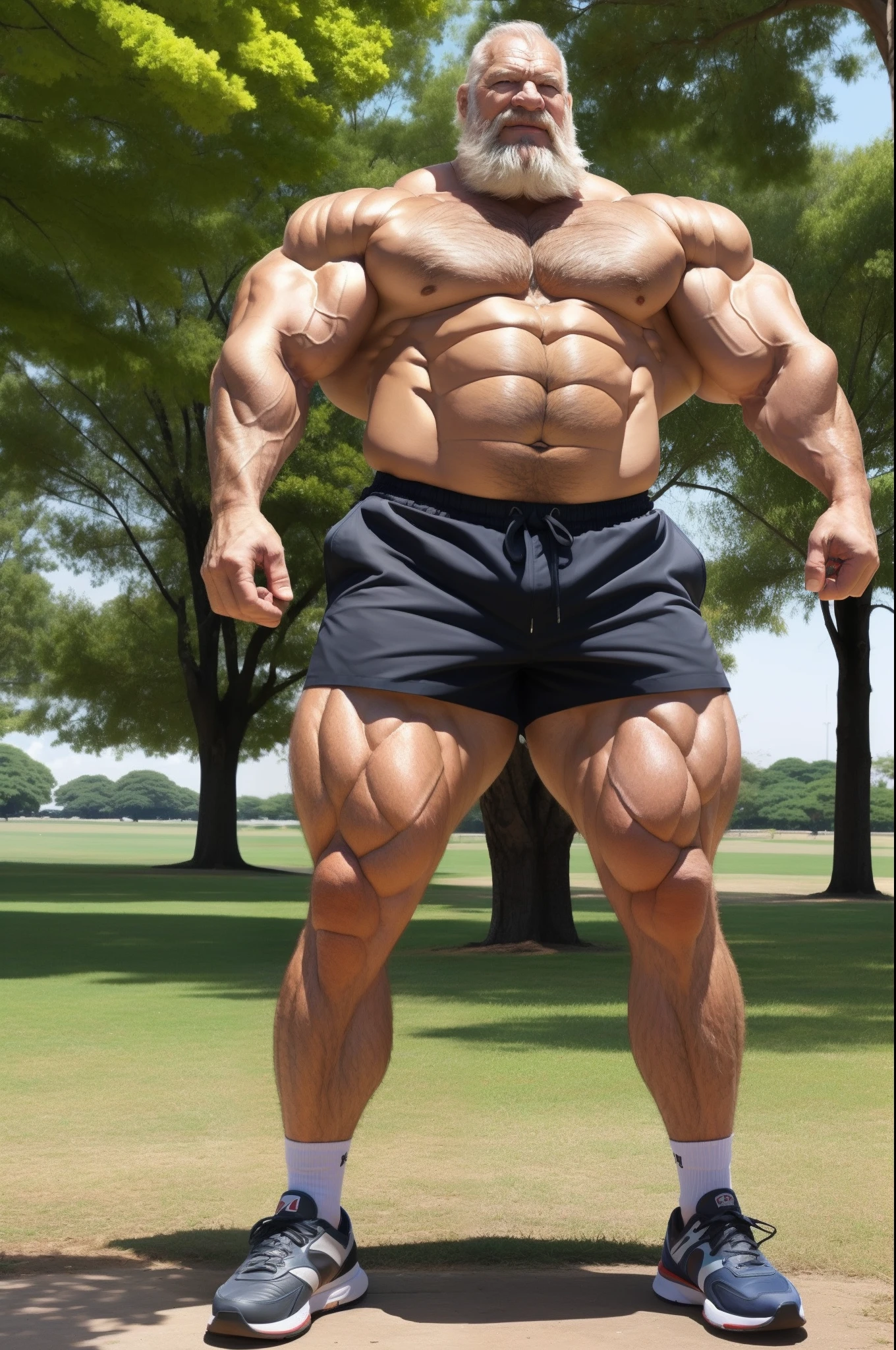 (huge muscular old man), (massive muscle) there is a man that is standing in park (wearing shorts), he is about 8 0 years old, 70 years old, 7 0 years old, huge muscular old man, bearded, anime face