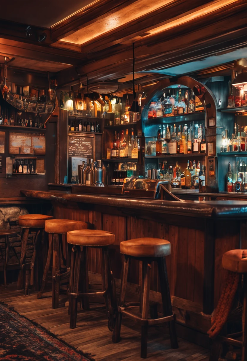 Bar enclosed space type English pub with counter and drinks in the background and lights on the clothesline on the edge of the beach.