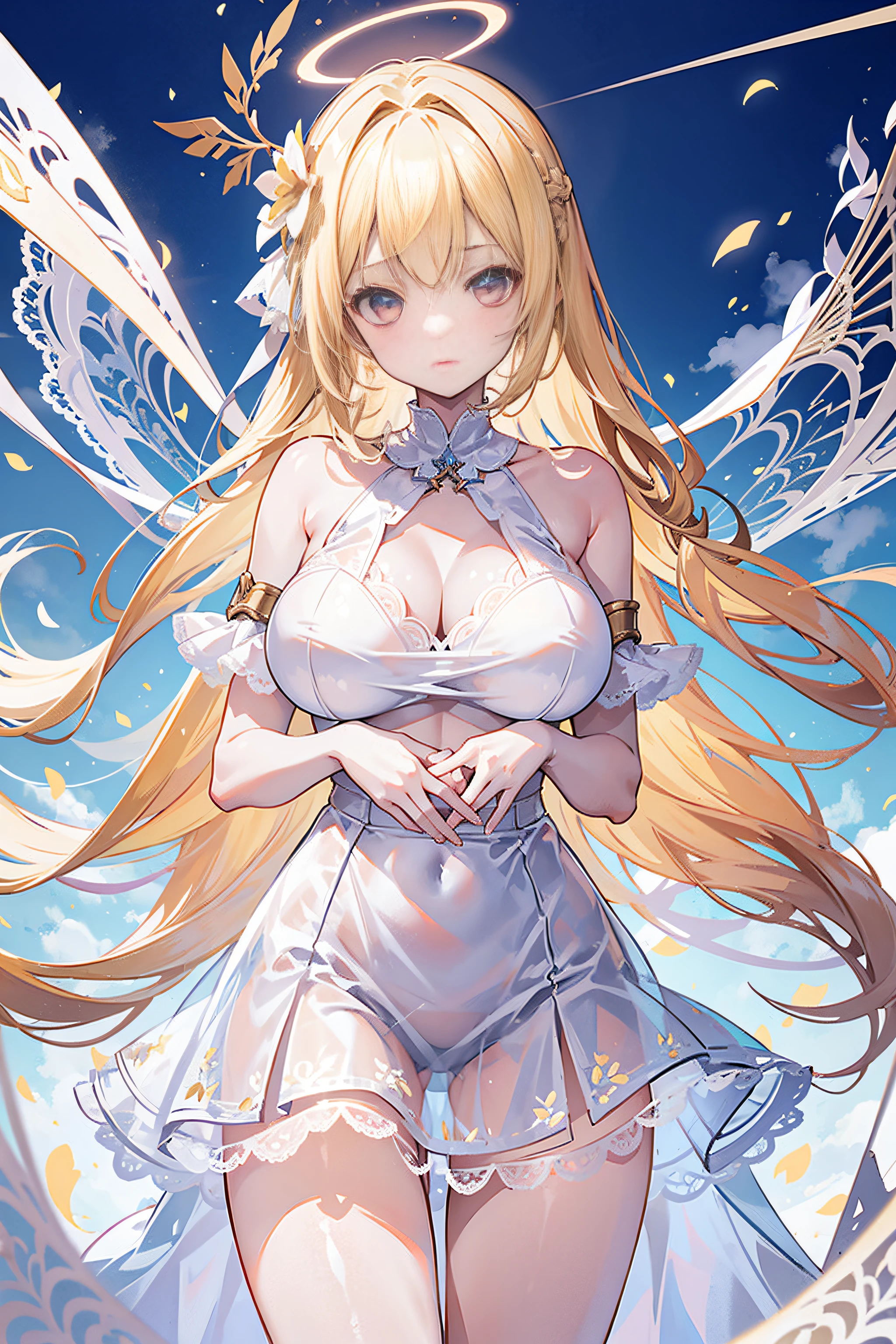 A girl with a halo on her head floats in the air showing white lace thong panties,Holding a giant sword in his hand。,huge tit,Blonde hair,Golden glowing eyes,divino,Misty,ribbon,Fog surrounds,sunny clear sky,extreme hight detail,White lace underwear,Miniskirt,exposing her chest,