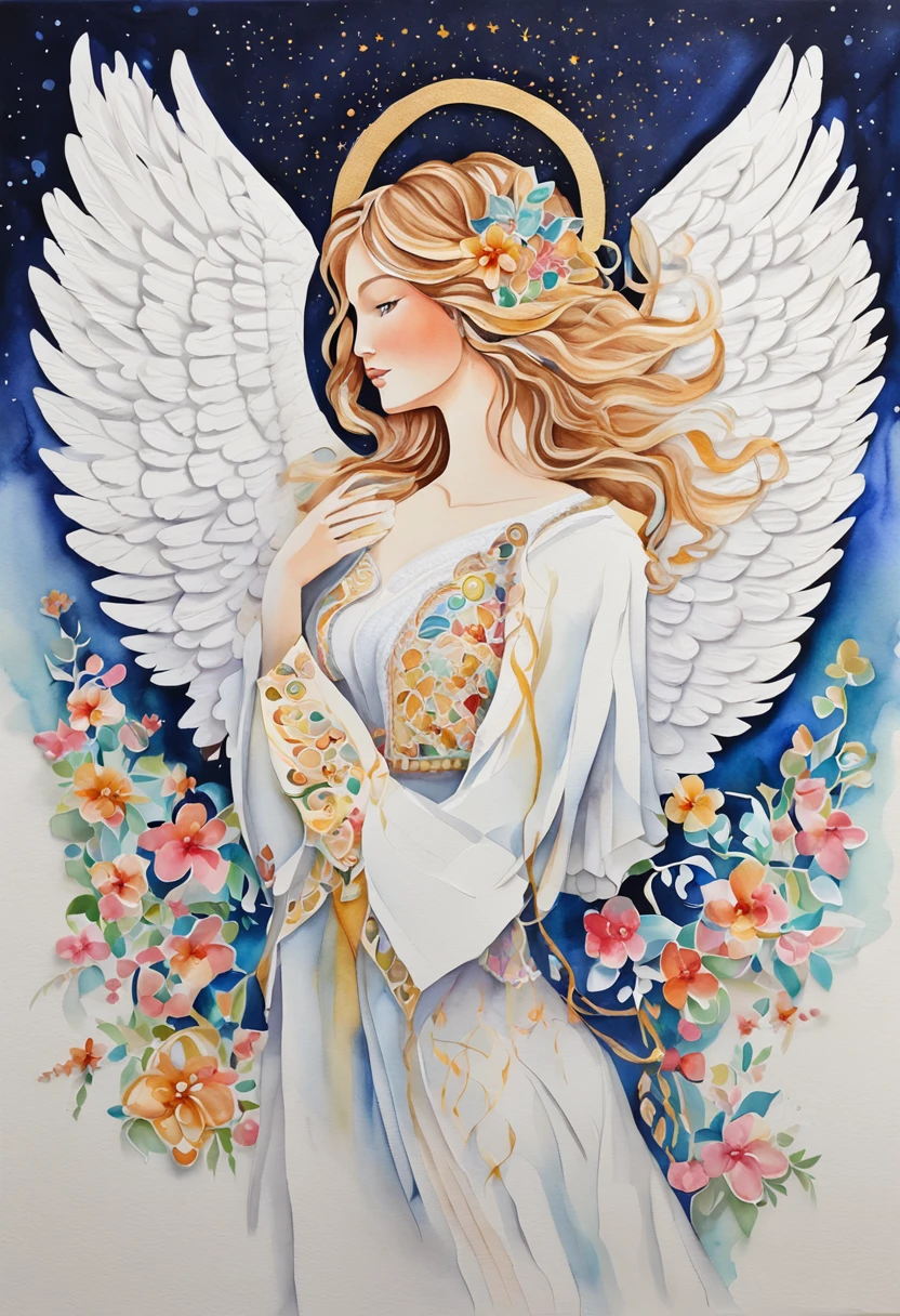 (FULL BODYSHOT:1.4), White background, (1 Angel Girl,Glowing wings, Halo, Exquisite headdress, Smile), (paper art, Quilted Paper Art, Geometry), highly colorful