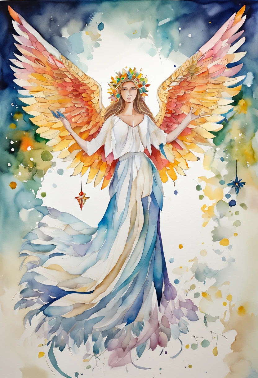 (FULL BODYSHOT:1.4), White background, (1 Angel Girl,Glowing wings, Halo, Exquisite headdress, Smile), (paper art, Quilted Paper Art, Geometry), highly colorful