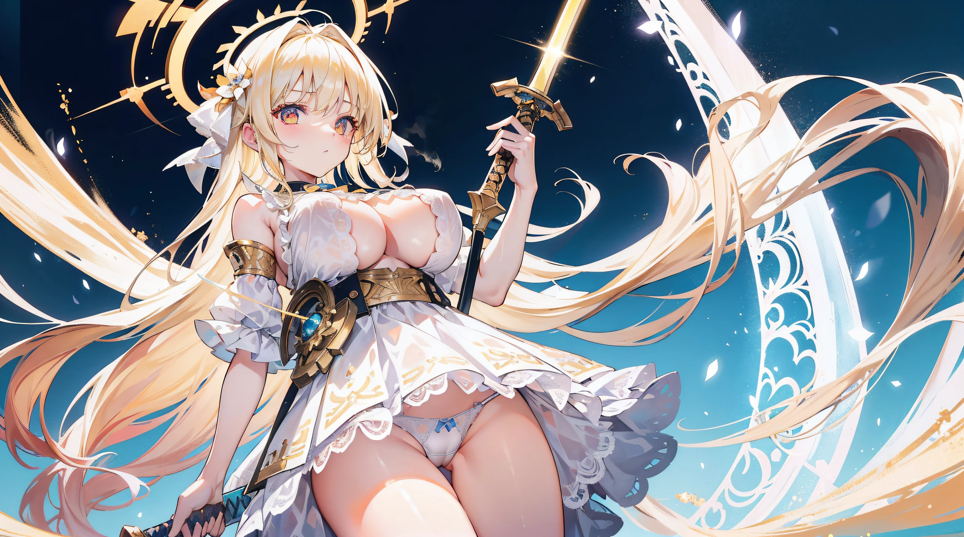 A girl with a halo on her head floats in the air showing white lace thong panties，Holding a giant sword in his hand。，huge tit，Blonde hair，Golden glowing eyes，divino，Misty，ribbon，Fog surrounds，sunny clear sky，extreme hight detail，White lace underwear，Miniskirt，exposing her chest，