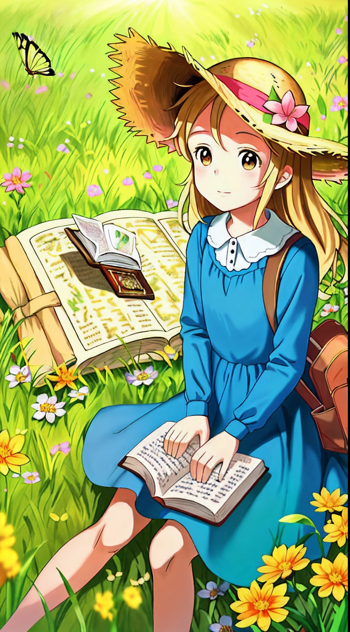 Sitting in an autumn wheat field,A super cute little girl reads a fairy tale book,Natural light,Fresh and light colors,blossoms,butterflys,Straw Hat Hat,book,bookbag,Super detailed picture,tmasterpiece,Masterpiece,Shooting from an elevation perspective