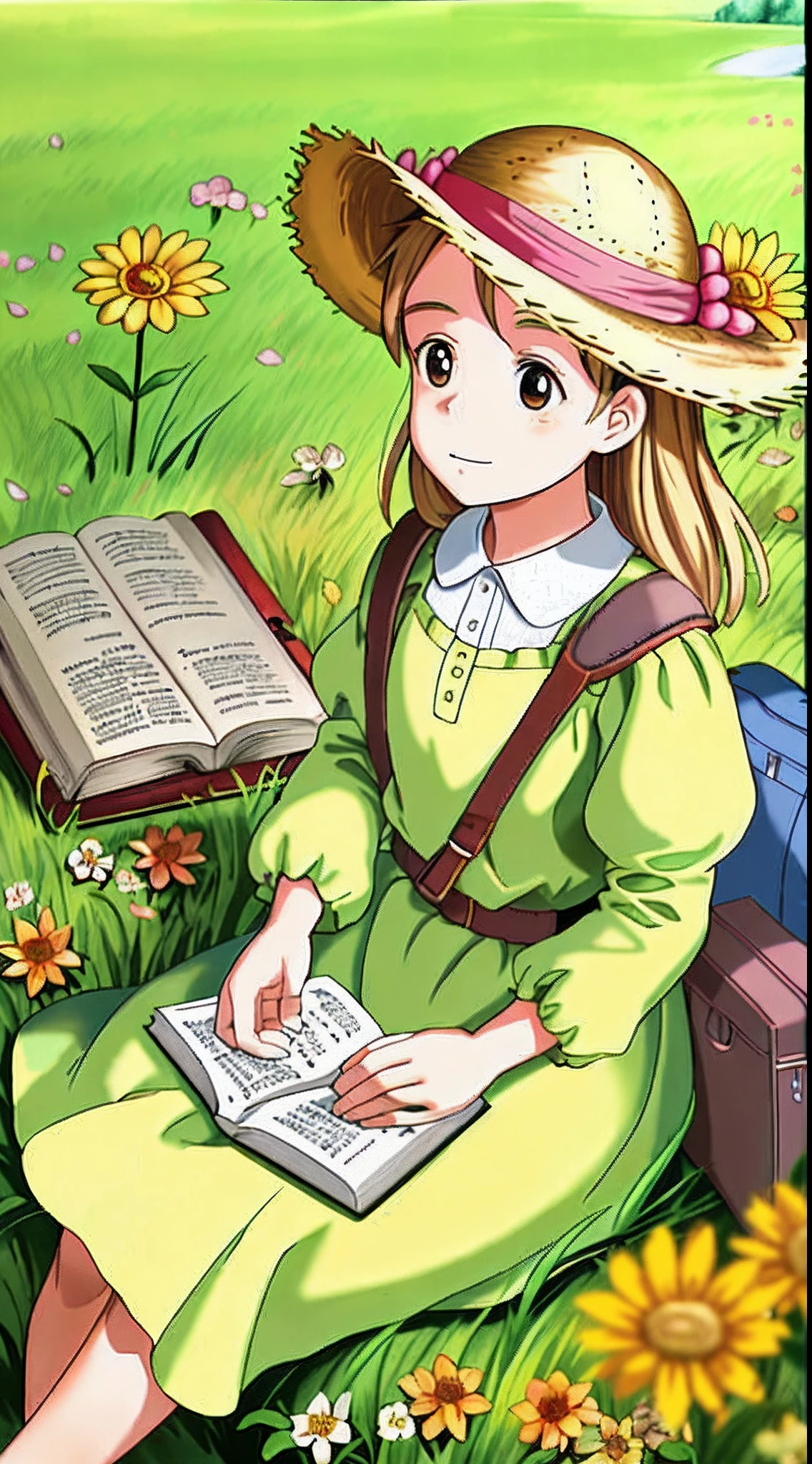 Sitting in an autumn wheat field，A super cute ****** girl reads a fairy tale book，Natural light，Fresh and light colors，blossoms，butterflys，Straw Hat Hat，book，bookbag，Super detailed picture，tmasterpiece，Masterpiece，Shooting from an elevation perspective