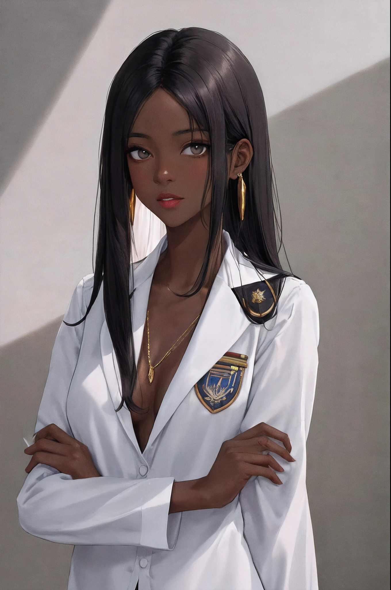 1girl, sozinho, dark skinned female, cabelos pretos, pele escura, gravata, Uniforme escolar de Hogwarts, retrato, camisa de gola, camisa, gravata vermelha, jewelries, camisa branca, separated-lips, Uniforme escolar, Brincos, Olhando para o Viewer, fundo branco